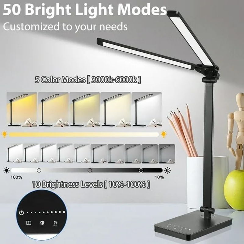 Desk Lamp for Home Office - LED Lamp with USB Port,Eye-Caring Double Swing Arm Bright Table Lamp, Dimmable Touch Lamp Desktop Light for Bedroom/Living Room/College image number 1