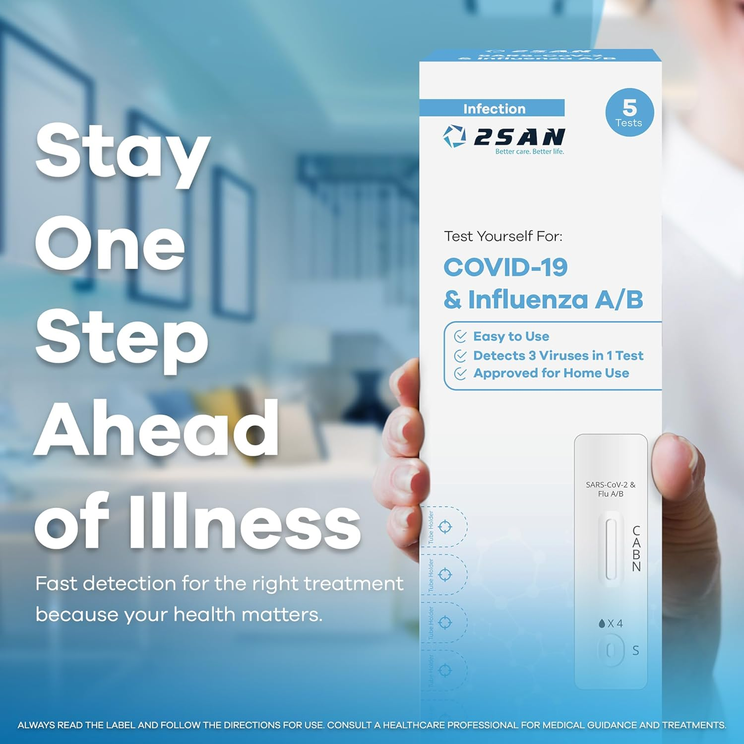 2San COVID-19 & Flu A/B Rapid Test, 15-Min Results, 5-Pack &ndash; Easy At-Home Antigen Test with Accurate Nasal Swab Detection for Reliable Self-Testing