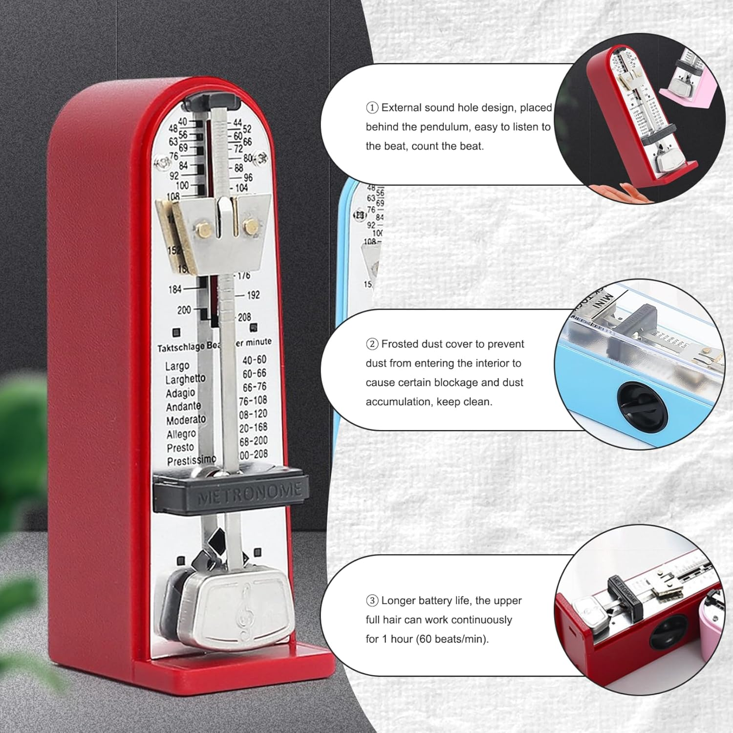 Metronome,Mechanical Metronome Accurate Adjustable Metal Metronome with Clear Scale Loud Sound Red Color Metronome for Guitar, Piano, Violin & More,Musical Instruments image number 6