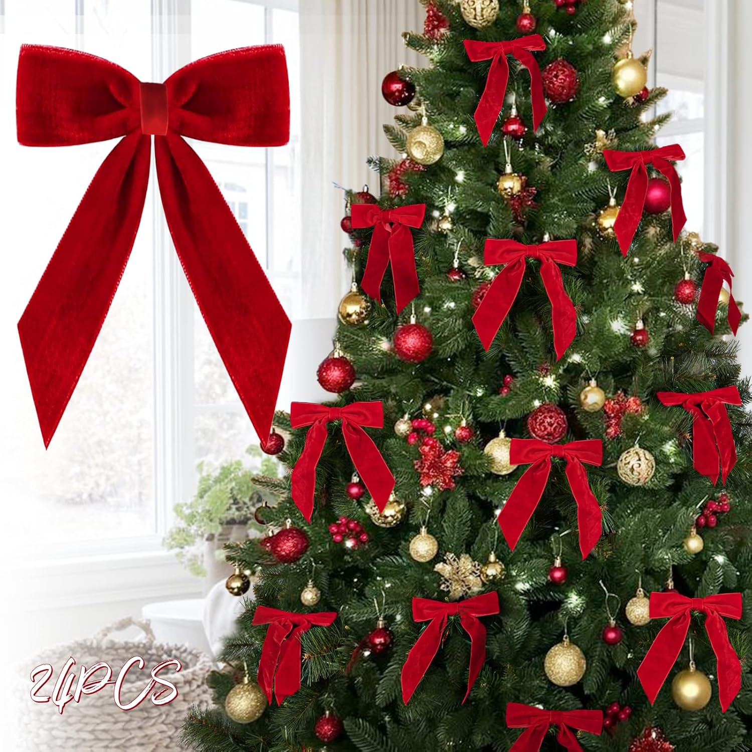 Christmas Decorations - Christmas Bows - 24 Pcs 7 X 6 Inch Medium Wine Red Velvet Bows for Christmas Tree - Burgundy Xmas Ribbon Ornaments - Home Decor for Wreath Garland Gift Wrapping Wedding Party