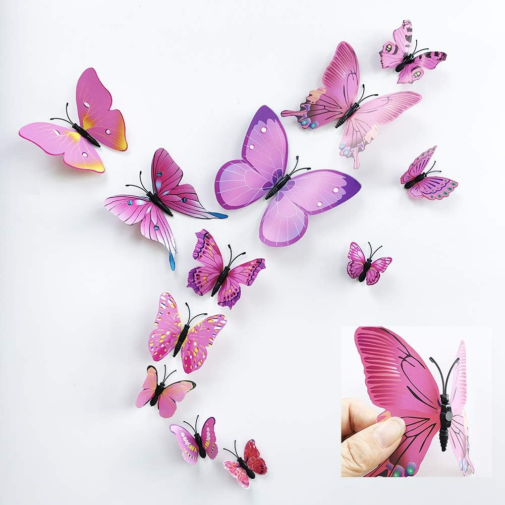 36Pcs 3D Colorful Butterfly Wall Stickers DIY Art Decor Crafts for Party Nursery Classroom Offices Kids Girl Boy Baby Bedroom Bathroom Living Room Magnets and Glue Sticker Set 1(Red-Single Wing)