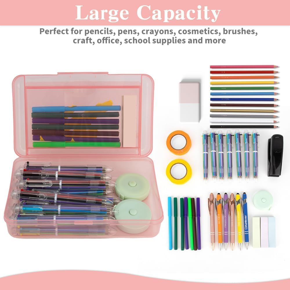 Pencil Case Box, Light Pink Double Layer Large Capacity Plastic Pencil Boxs, Clear Hard Pen Case Snap-Tight Lid,Storage Art Craft Box Marker Offices School Supplies (Pink, One Size) image number 3