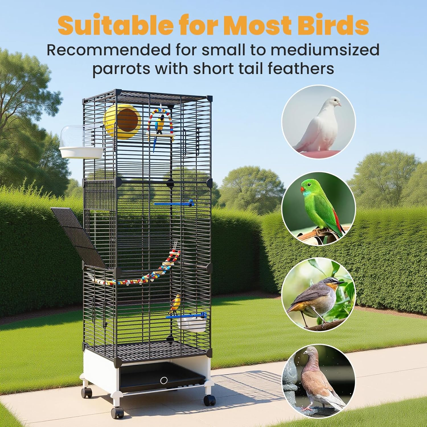 Uandhome Large Bird Cage, Wrought Iron Parrot Cage, Bird Cages with Wheels, Parakeet Flight Cage, Side Nesting Doors, Heavy-Duty Pet Birds House for Birds Aviary, Parakeets, Standing Birdcages(Black) image number 4
