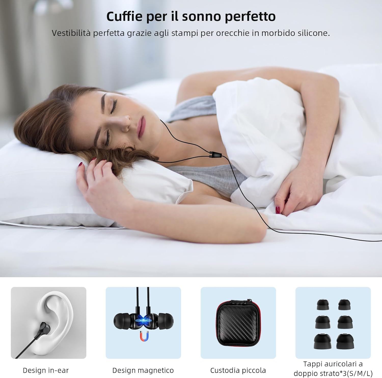 AIAUXAI Soft and Lightweight In-Ear Headphones with Microphone and Volume Control, Noise Reduction Sleep Headphones, USB-C Plug, Magnetic Earphones, Double Layer Silicone Caps image number 2