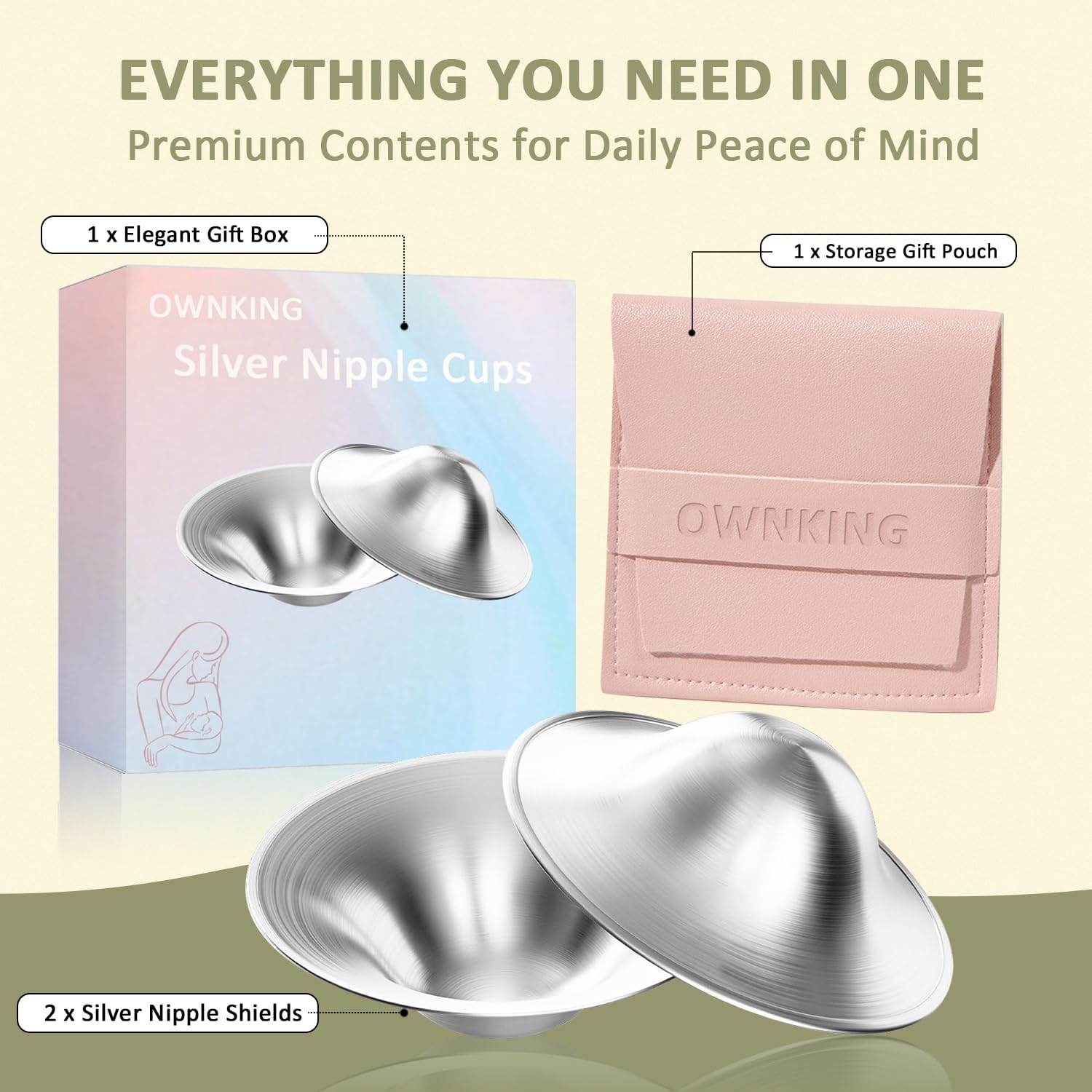 OWNKING Orginal Silver Nursing Cups, Pure 925 Sterling Silver Nipple Shield for Breastfeeding, Nipple Guards Protector for Cracked Nipples, Soothe Sore, Newborn Essentials Must Haves, Nickel Free, L