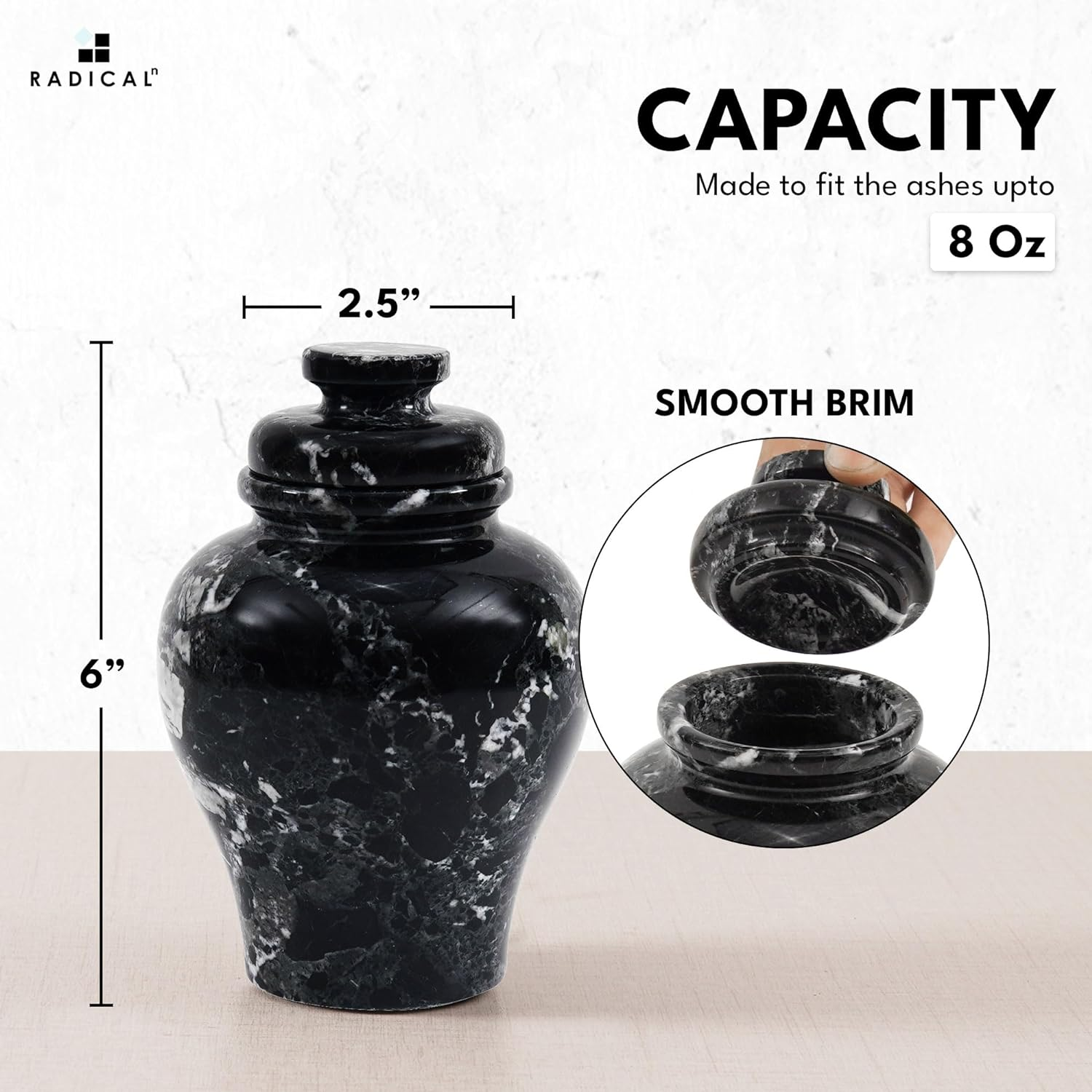 Radicaln Marble Urn 6'' Inches Black Handmade Small for Human Ashes Keepsake - Burial for Funeral, Urn for Ashes image number 4