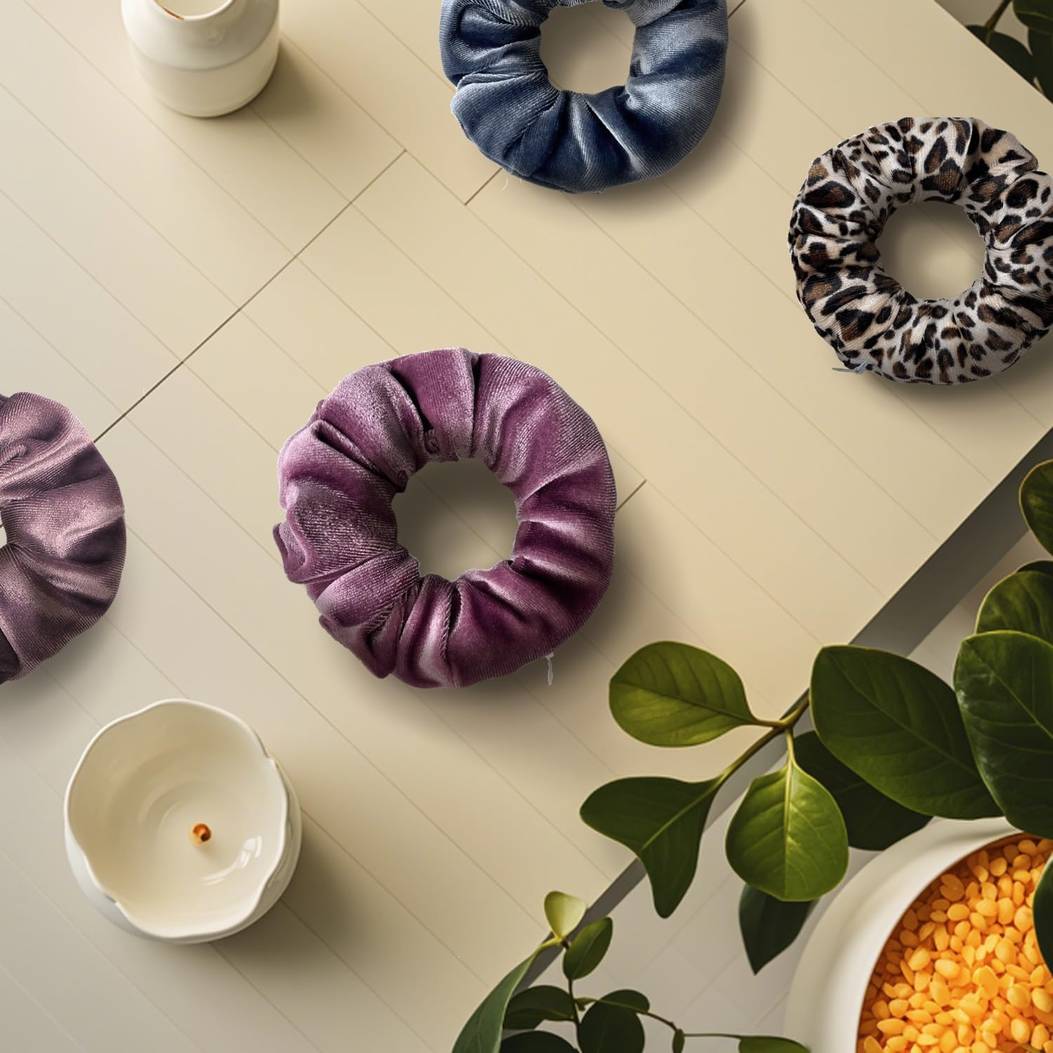 4 X Leopard Print Velvet Hair Scrunchies Yellow Leopard White Blue Pink image number 2