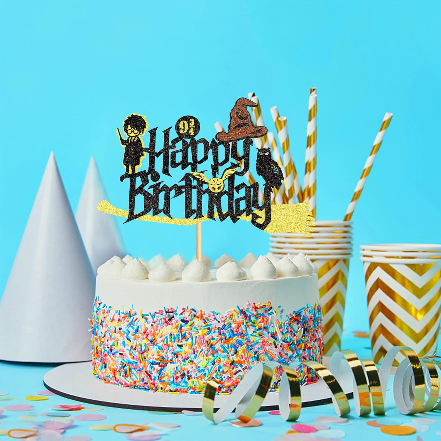 1Pc Glitter Black Magical Wizard Inspired Cake Topper Happy Birthday Cake Topper Pick for Magic Theme Party Supplies - Wizard-3 image number 2