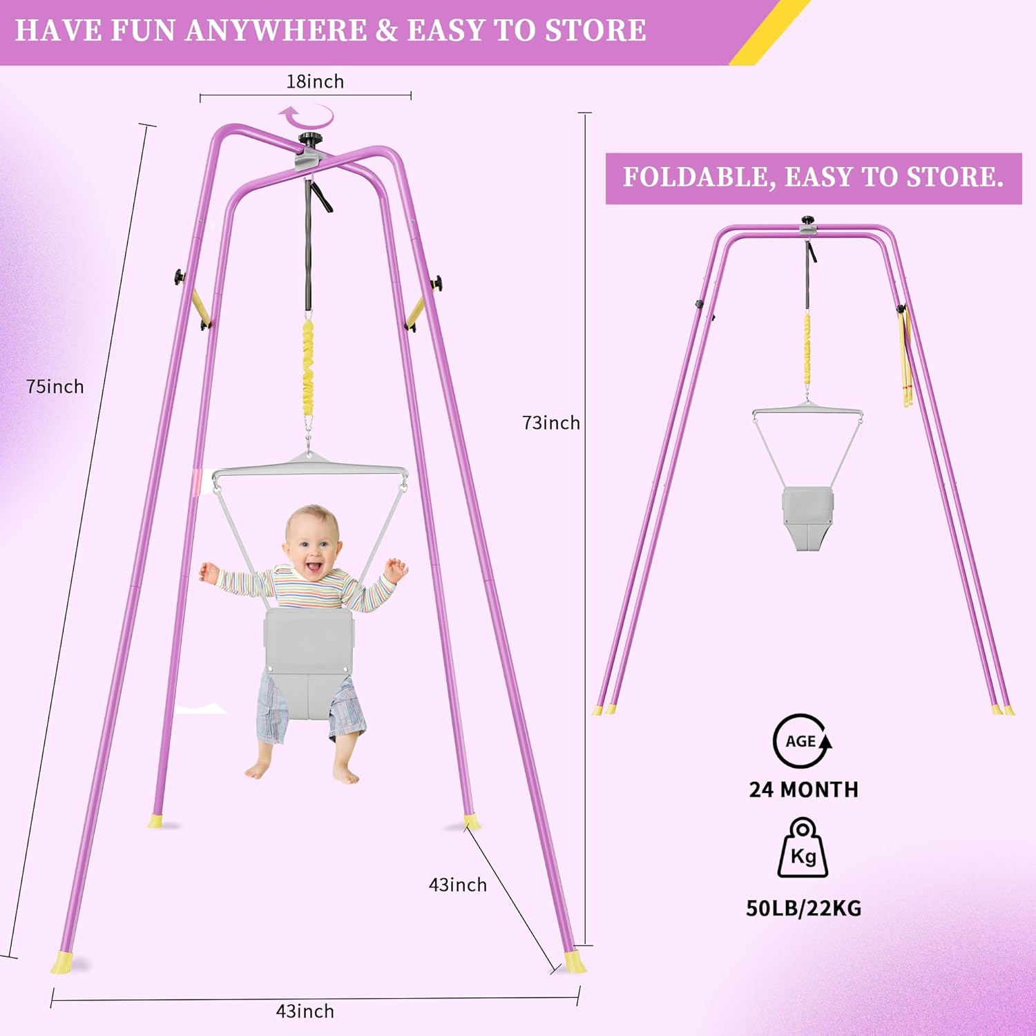 Baby Jumper with Stand &ndash; Height-Adjustable Bouncer & Exerciser for 6-24 Months, Indoor/Outdoor Use, Tool-Free Setup image number 2
