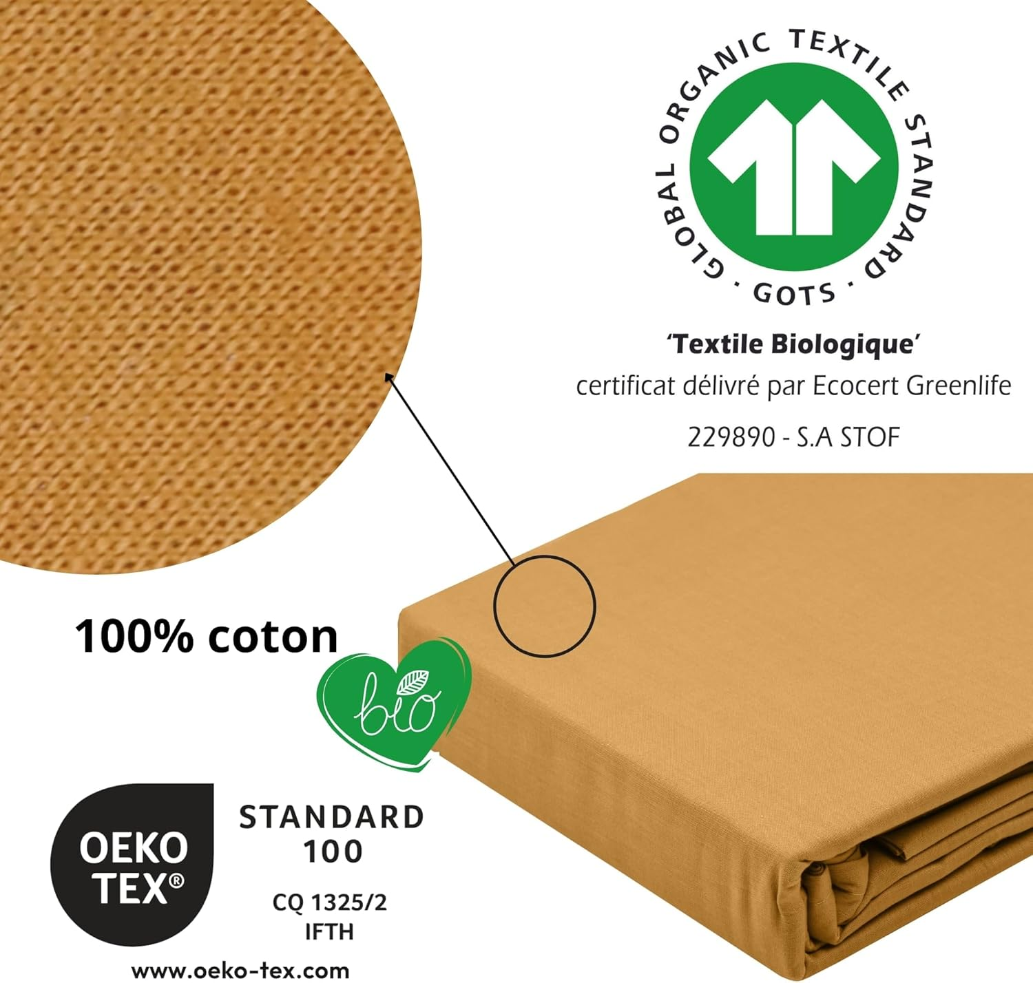 STOF - Fitted Sheet - Size 180 X 200 Cm - 100% Organic Cotton - Quality - Oeko-Tex Certified - Curry Colour - Horizon Model - Bed Linen for Home - Soft and Comfortable image number 4