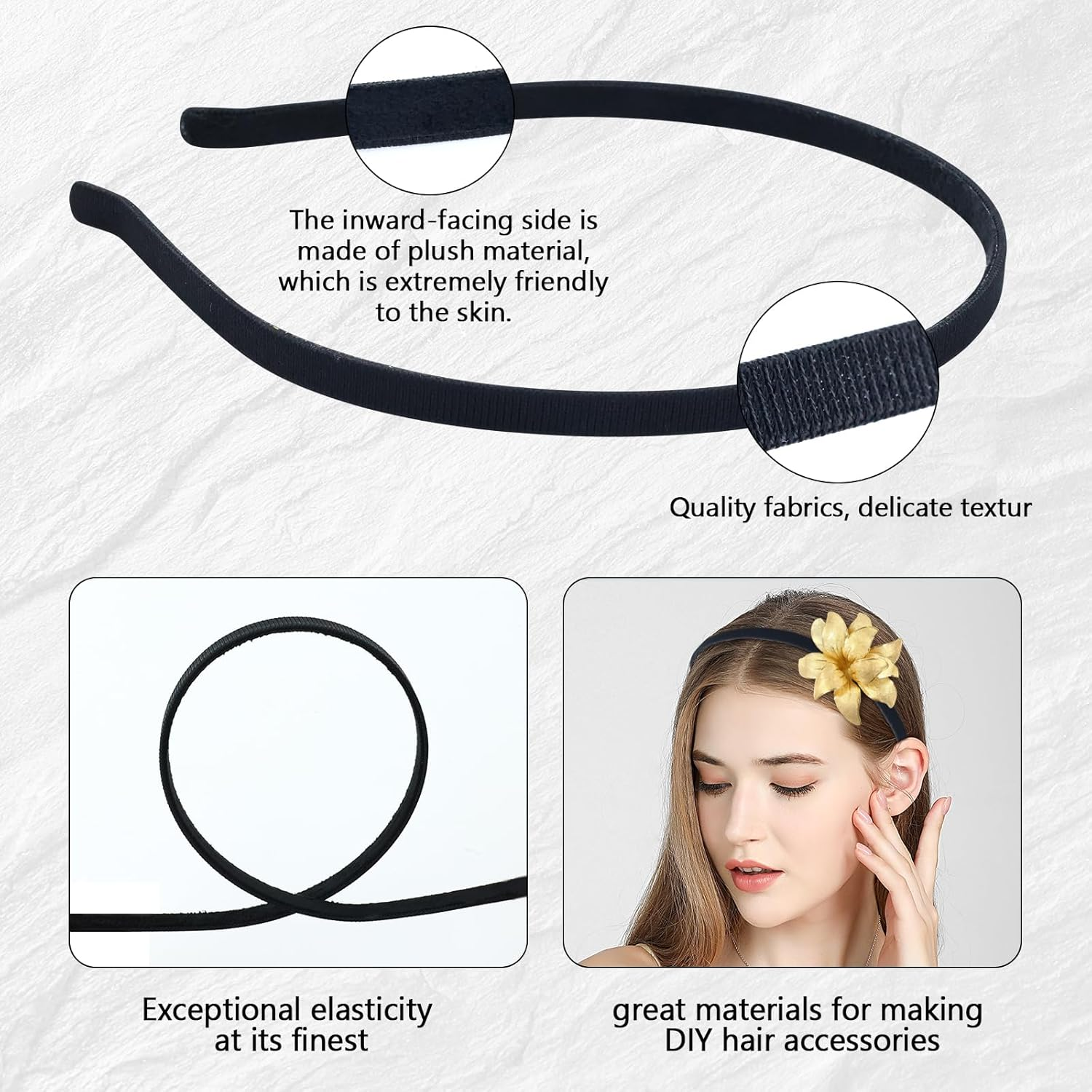 10 Pack 7MM Plain Black Satin Cloth Fabric Covered Thin Slim Metal Headband Wire Hairband Elastic Skinny Velvet Hair Hoop Holder Clasp Tiara Crown Base for Women Men Headpiece Crafting DIY Accessories image number 6