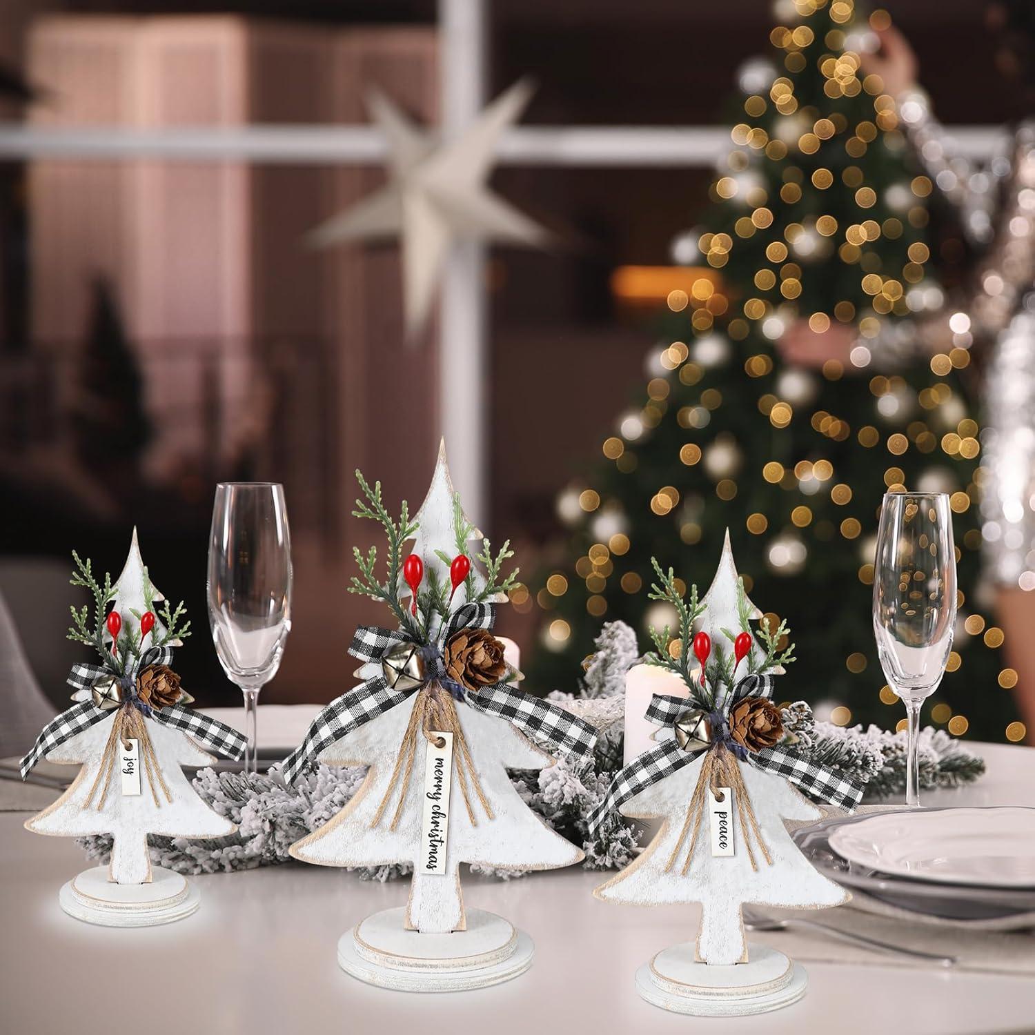 Soaoo 3 Pcs Christmas Trees Wooden Table Decorations Rustic Farmhouse Small Christmas Tree Tabletop Centerpieces Retro Wooden Centerpiece for Xmas Holiday Decor Home - Star image number 4