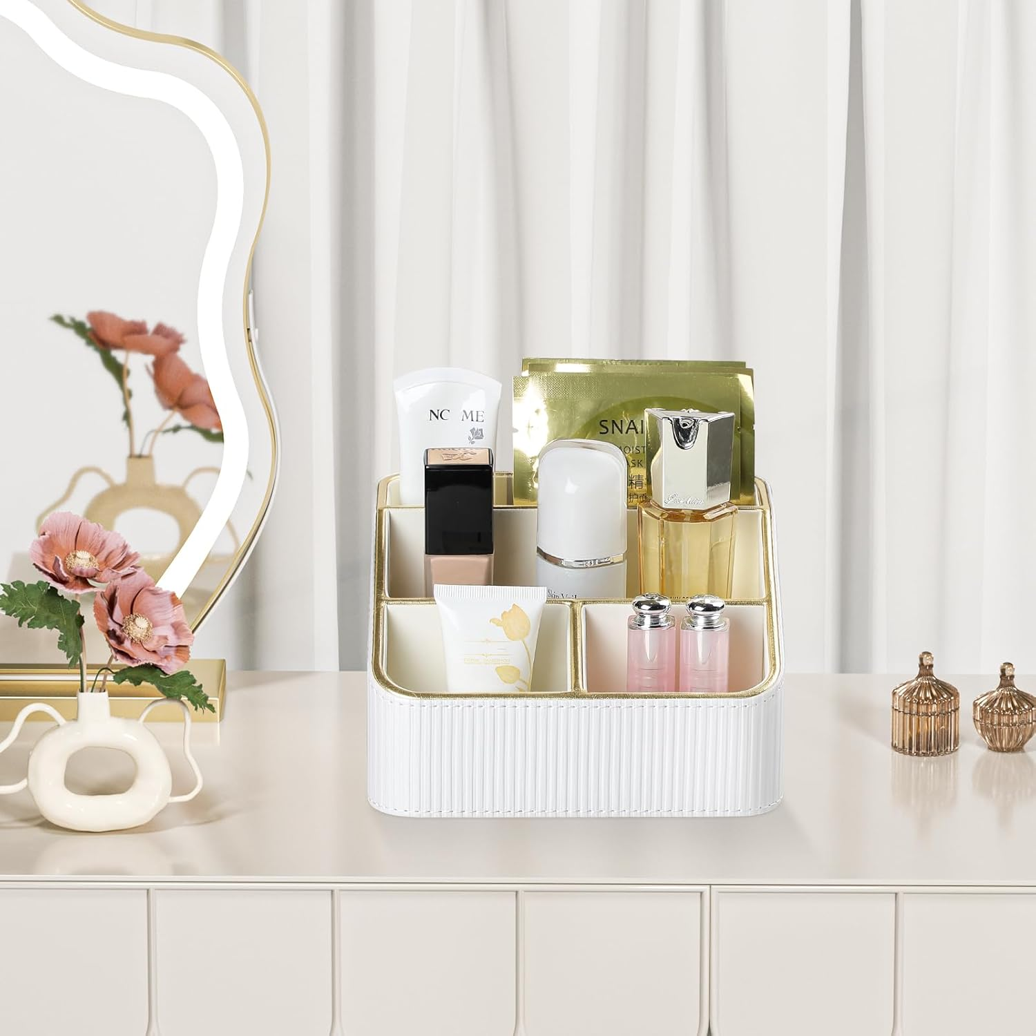 Cretkhp Remote Control Holder with 4 Compartments, PU Leather Small Nightstand Organizer for Home Desk Accessories Office Supplies, Multifunctional Stylish Small Bedside Desktop Organizers (White) - White image number 6