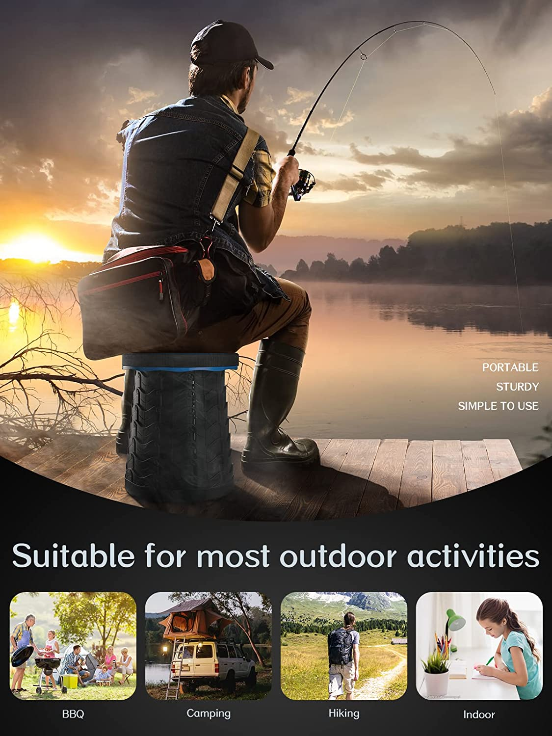 Telescopic Stool, Booxihome Folding Stools Lightweight Chair Seat for Outdoor Camping BBQ Fishing Hiking Gardening Indoor,Maximum Load 400 Lb(Blue) - Black image number 2