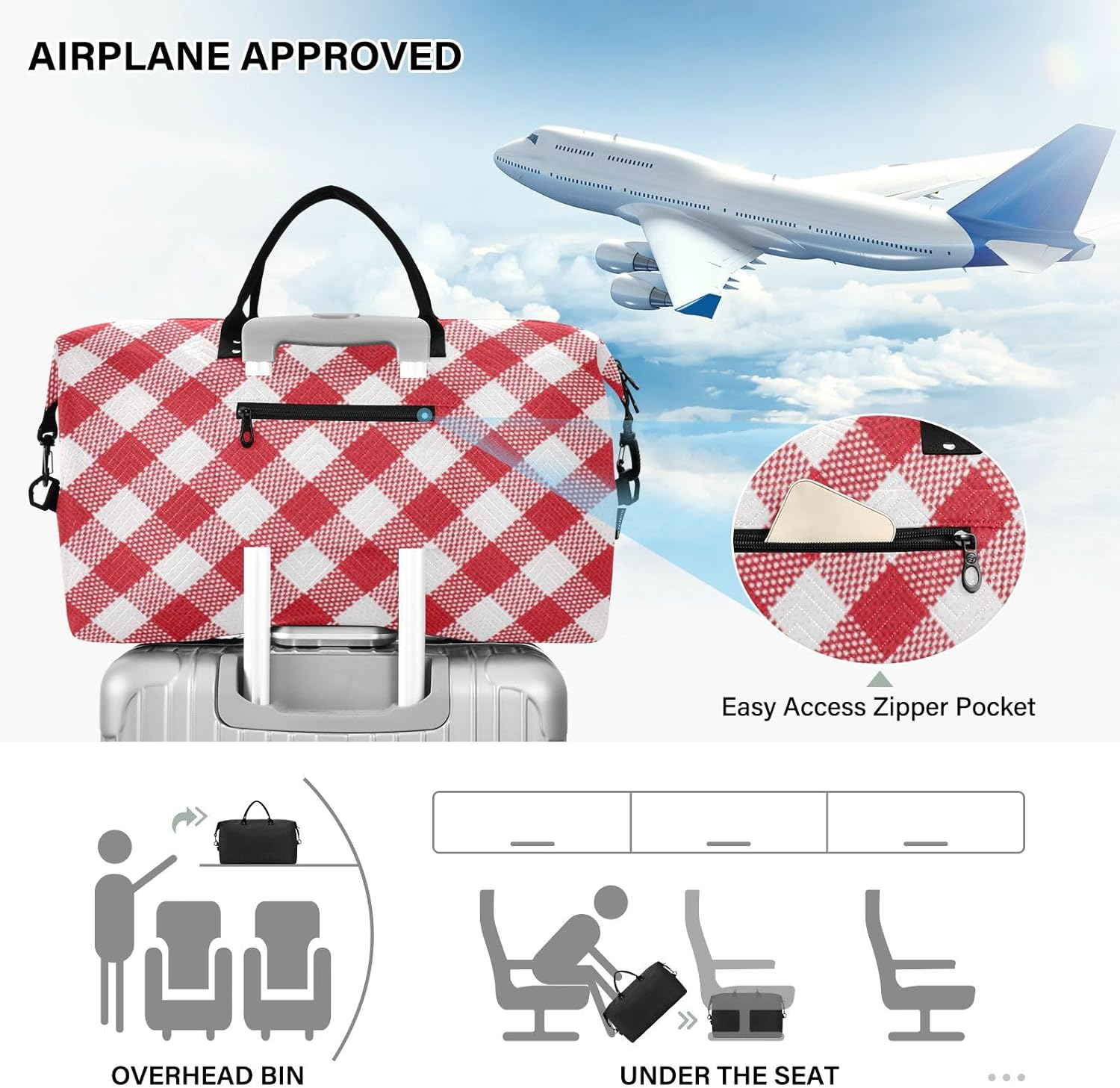 Large Travel Duffel Luggage Weekender Bag Buffalo Plaid Red White Gym Tote Bag with Adjustable Strap for Sports, Buffalo Plaid Check Tartan Scotland Red, Set of 2, Art Deco image number 5