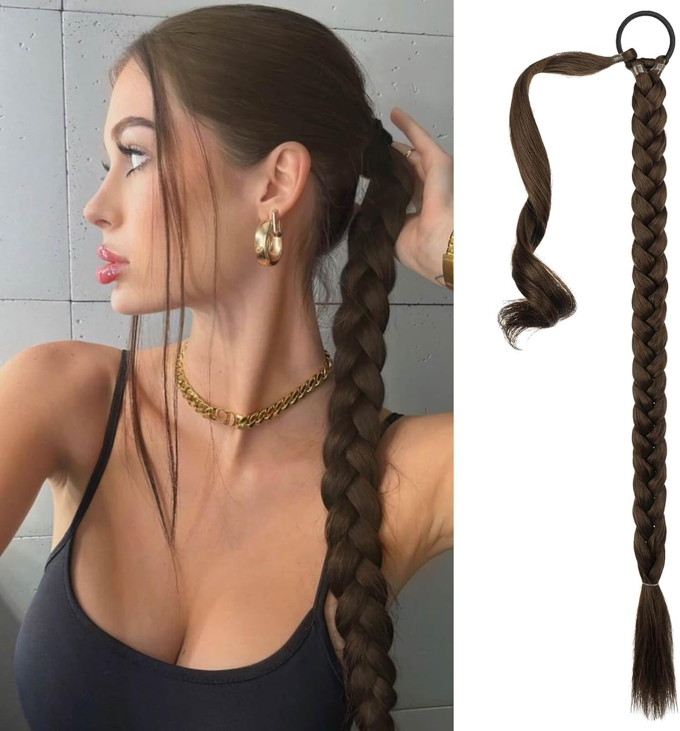 BECUS Long Braid Ponytail Extension with Elastic Tie Straight Sleek Wrap around Braid Hair Extensions for Women Ponytail Natural Soft Synthetic Hairpiece Black Brown 32 Inch(After Braided 30 Inch) - Blonde image number 2
