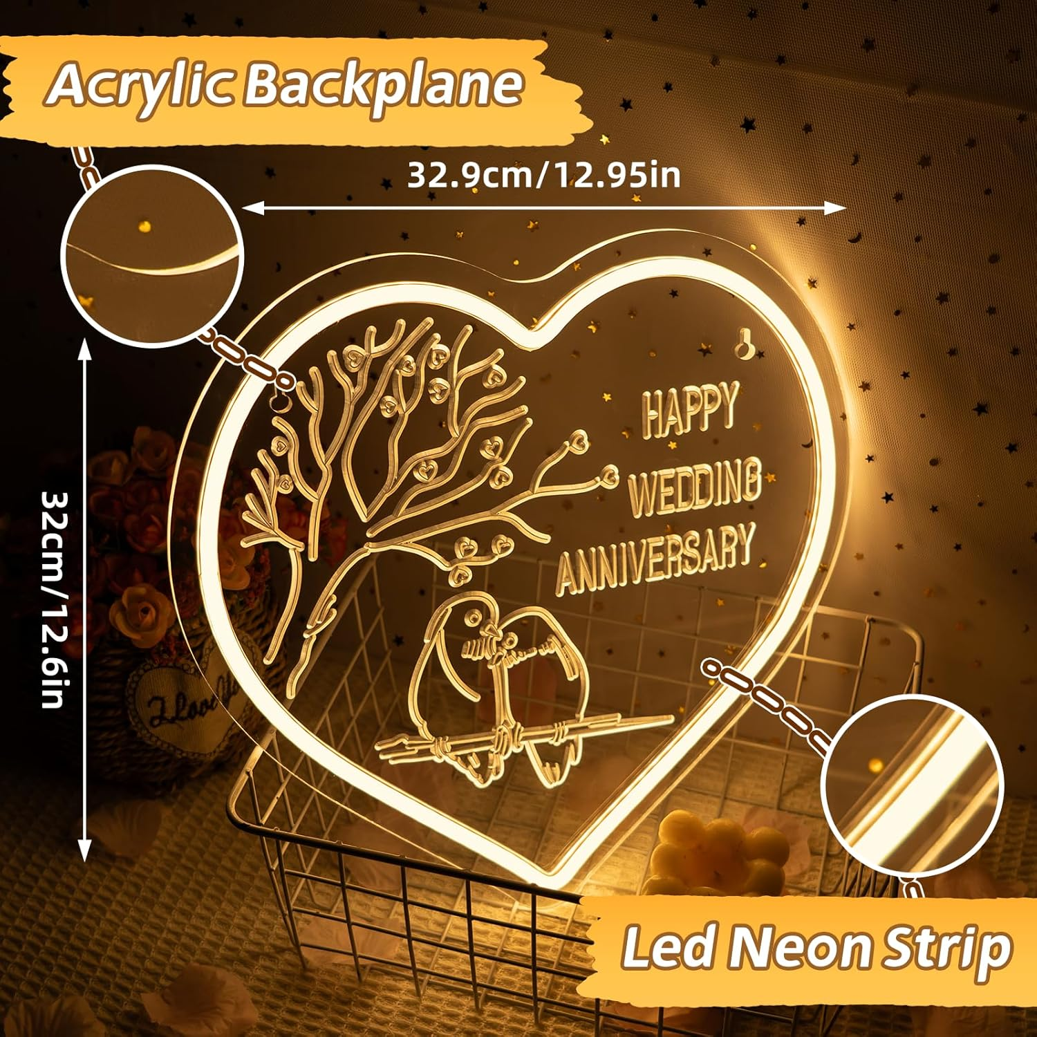 SIGNSHIP Happy Wedding Anniversary Neon Sign Wedding Anniversary LED Sign Dimmable Love Bird LED Lettering Heart Shape Light Signs Decor for Anniversary, Party, Candle Light Dinner, Photo Requist - Happy Wedding Anniversary image number 3