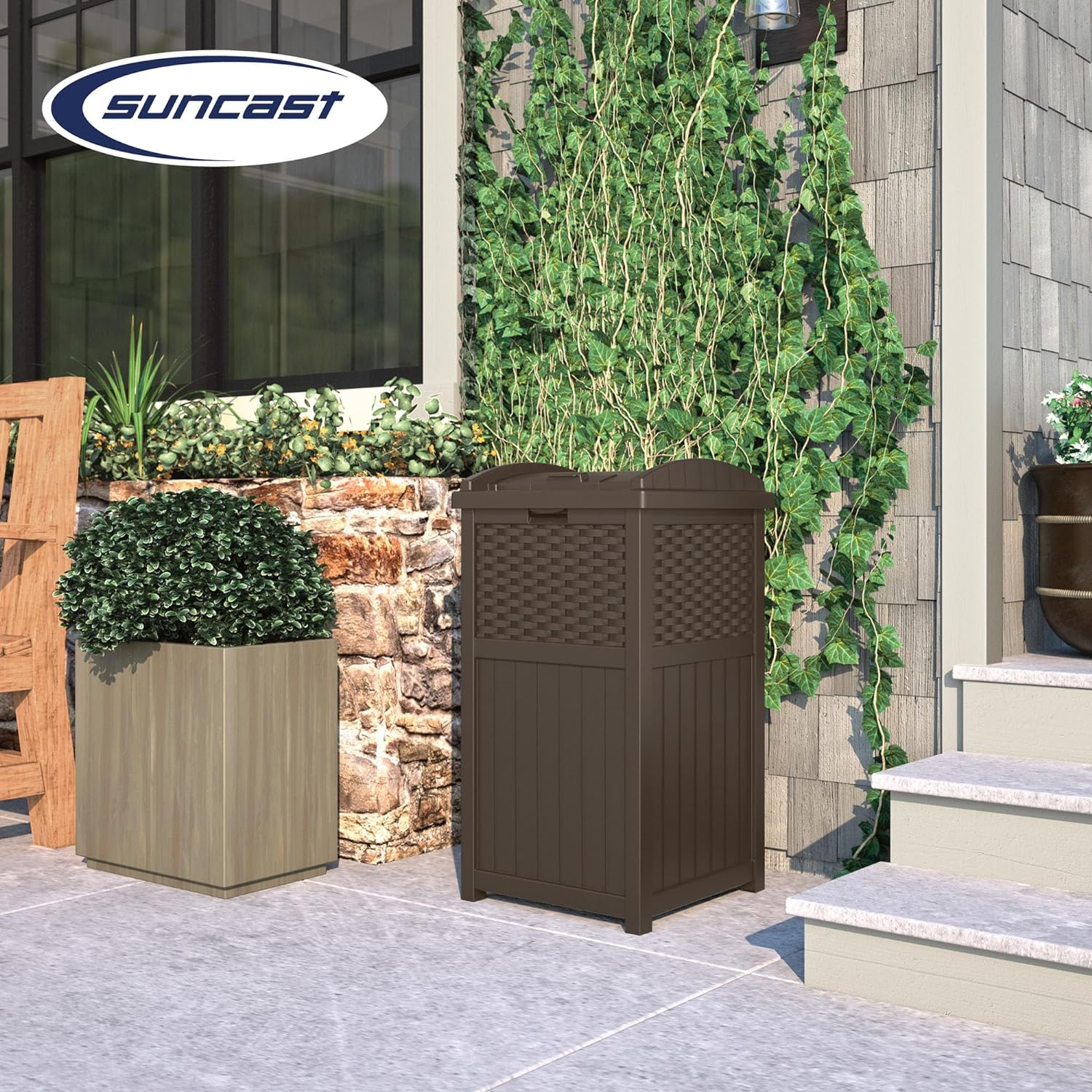 Suncast 33 Gallon Hideaway Can Resin Outdoor Trash with Lid Use in Backyard, Deck, or Patio, 33-Gallon, Brown - Brown image number 6