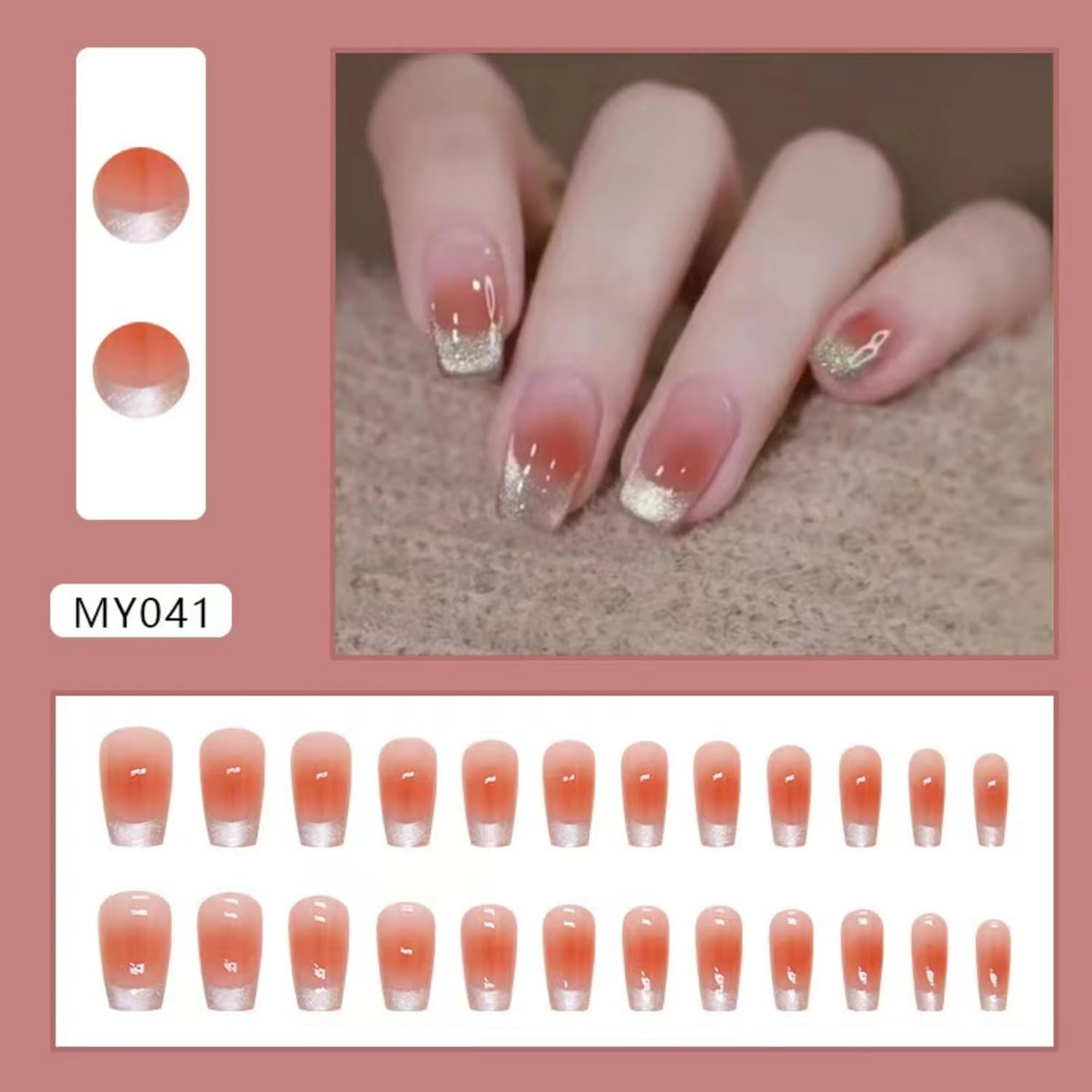 KAVI' S 24Pcs French Tip Stick on Nails Cat Eye Press on Nails Nude Gradient Glitter Fake Nails Ballerina Acrylic False Nails Jerry Glue for Women Girls Nail Art image number 2