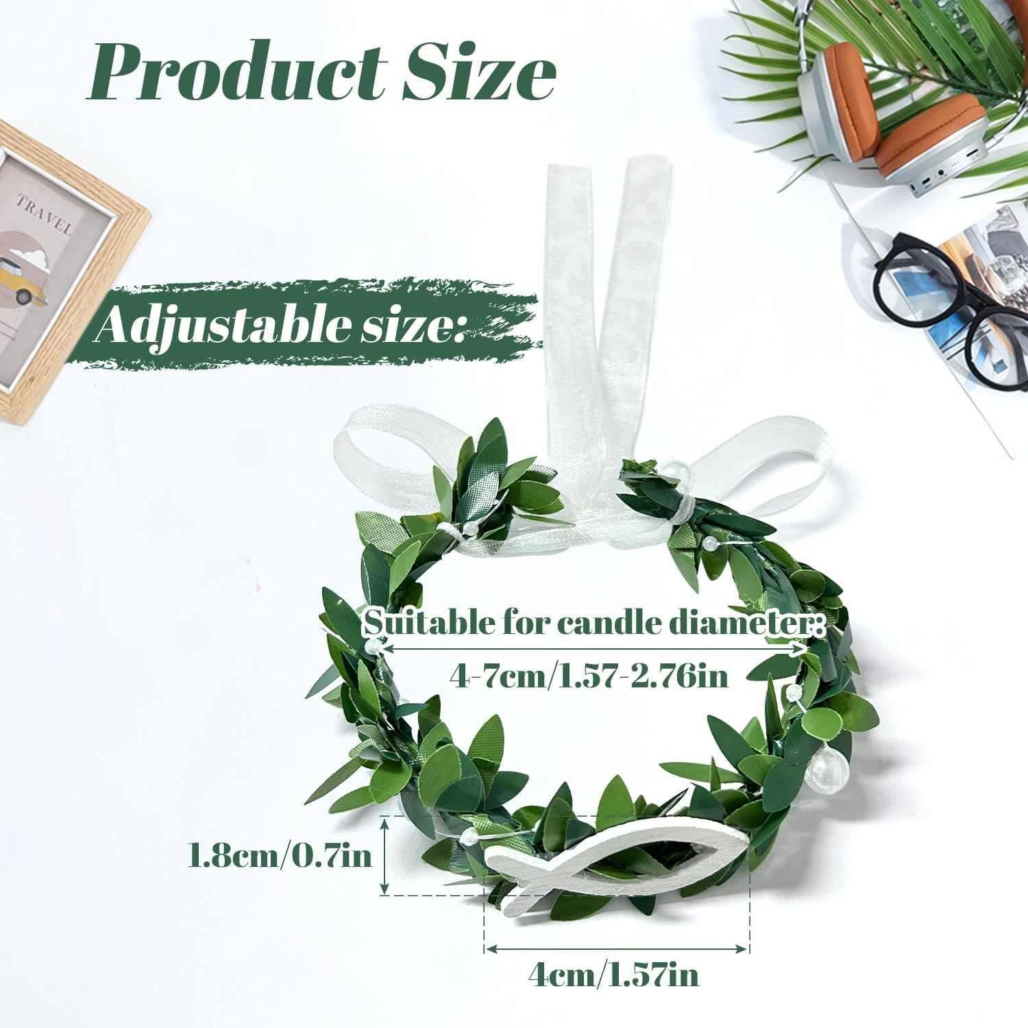 Candle Drop Protection 4 Cm - 9 Cm for Communion Candles and Christening Candles - Drip Catcher Candle Wreath with White Christening Fish Decoration, Wedding, Communion (Pack of 2) image number 2