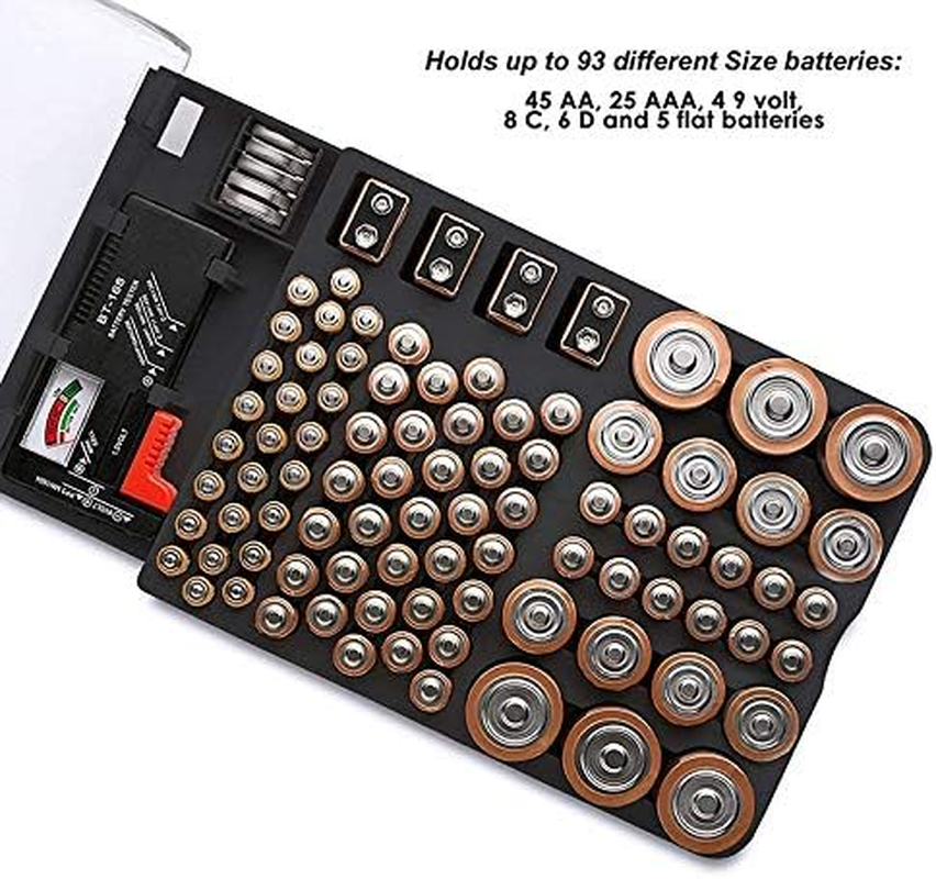 Tuperoymse the Battery Storage Case,Organizer with Hinged Clear Cover, with Battery Tester, Holds 93 Batteries Various Sizes, Black image number 1