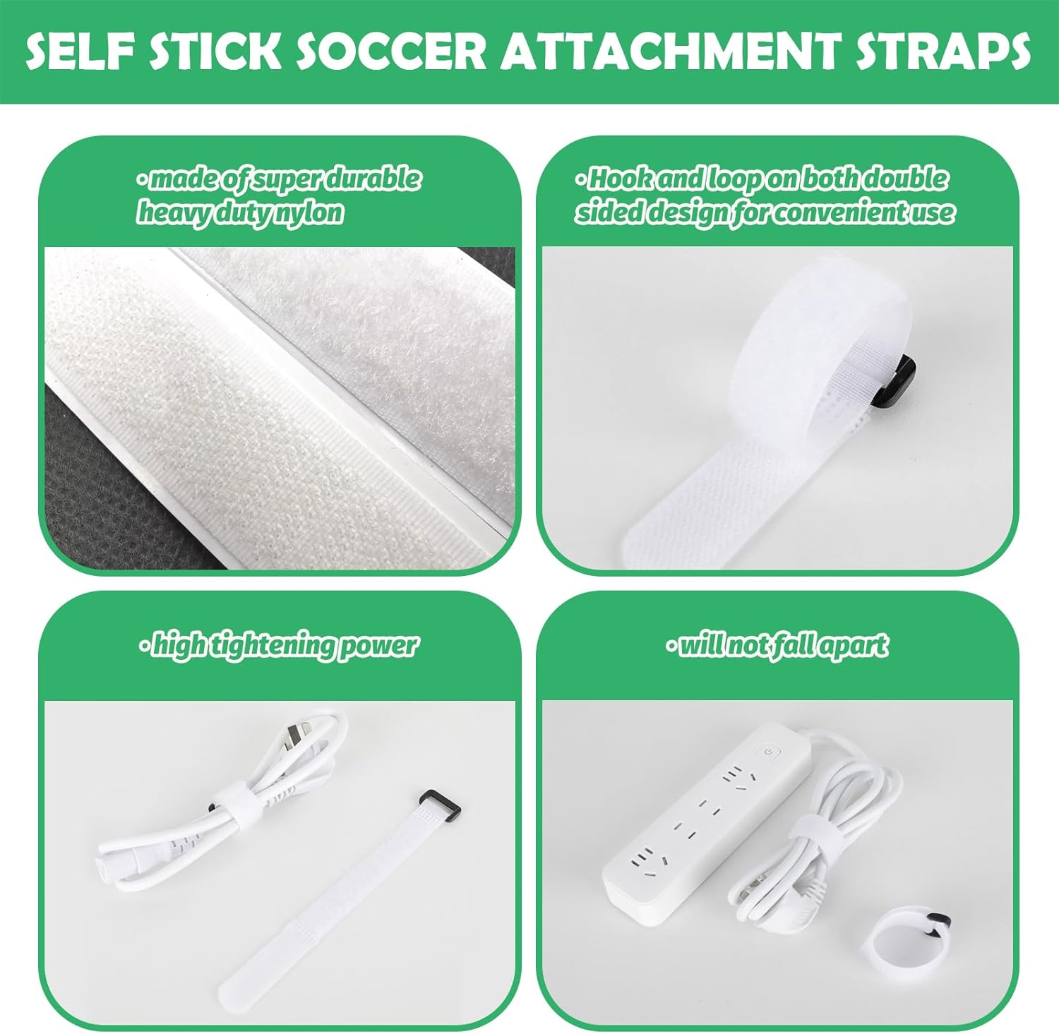 60Pcs Soccer Net Fastener Set, White Self Stick Soccer Attachment Straps and Black 5.9&rdquo; Ball Bungee Cords Soccer Rebounder Accessories for Holding Soccer Training Soccer Goals Camping Tent image number 1