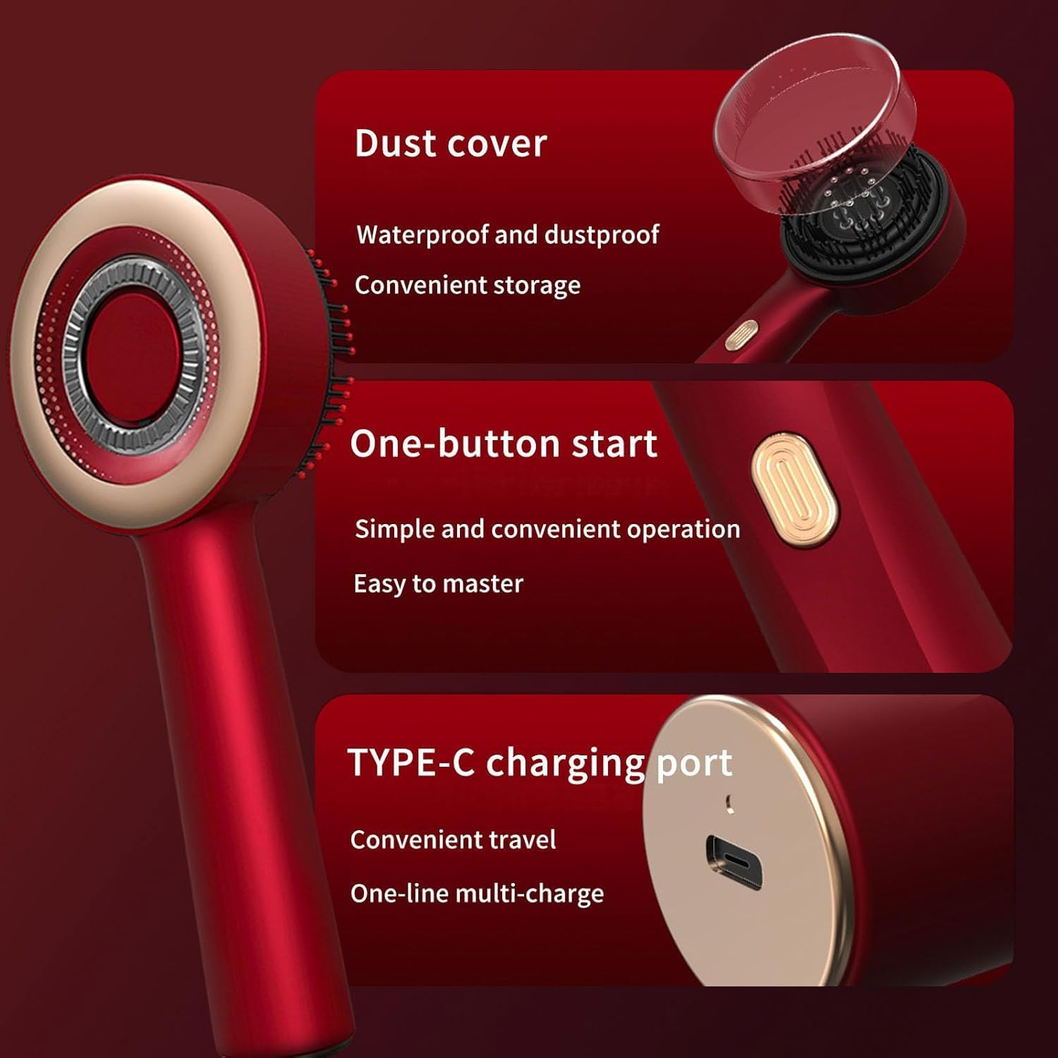 Multi-Functional Red Hair Brush, Cordless Electric Shiatsu Hair Brush, Deep Scalp Massage Comb for Muscle Relax image number 5