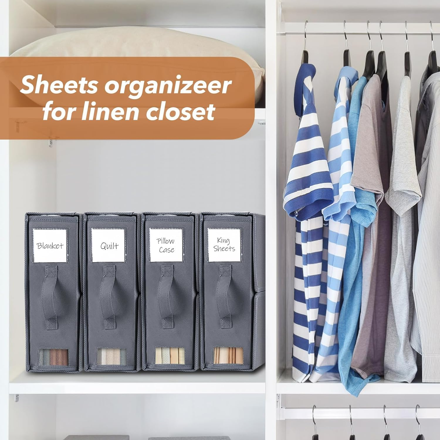 BDZBREN Bed Sheet Organizer and Storage 4 Pack (Queen or King Size), Linen Closet Organizer, Foldable Bedding Container for Duvet Cover Set, Clothes, Blankets and Pillow Cases, Dark Gray (Grey) image number 5