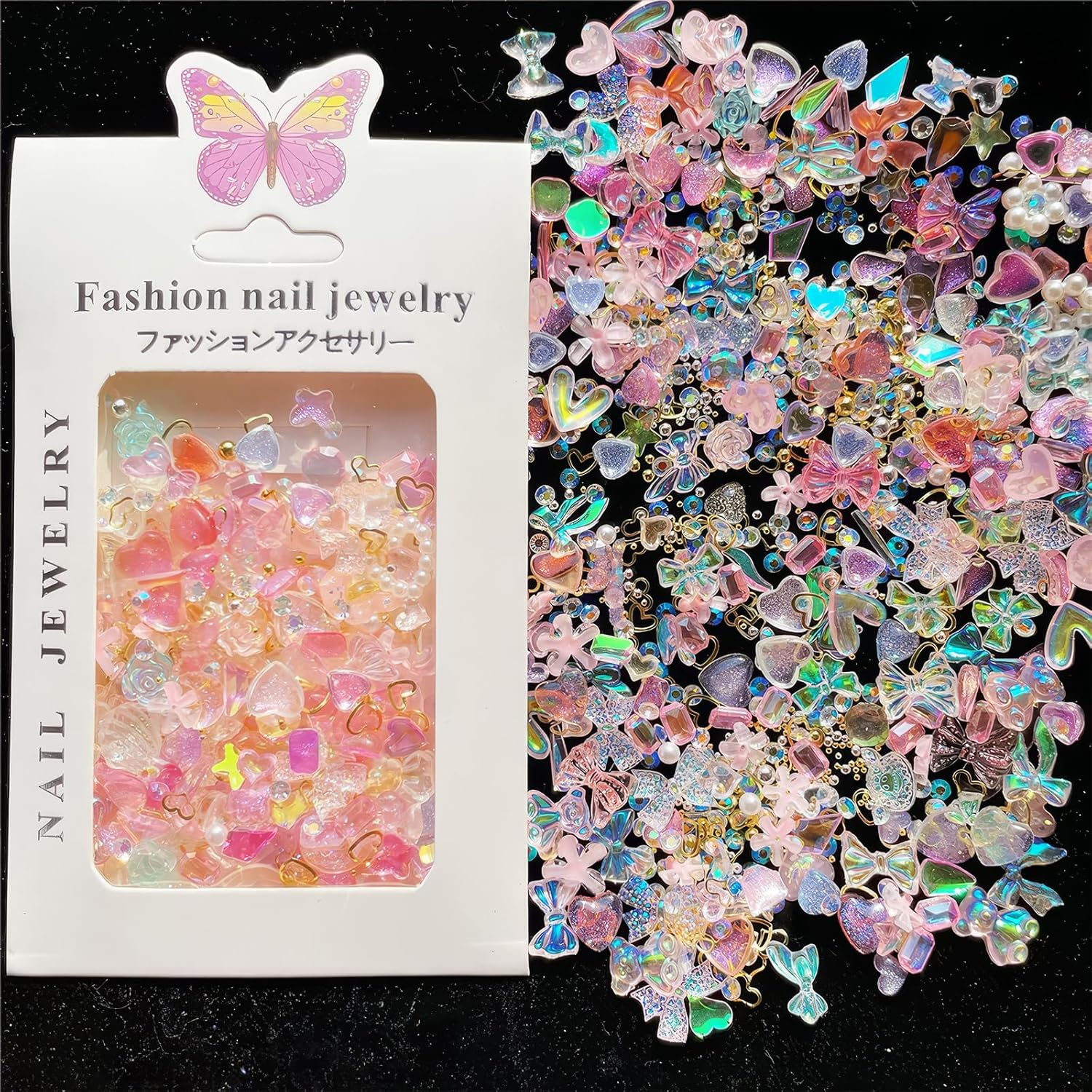 RTRTGS 150 Pieces Nail Art Decoration Nail Art Charms 3D Nail Art Decoration Set, 3D Heart Bear Butterfly Flower Rhinestones Valentine'S Day for Nails DIY Mobile Phone Case Decoration image number 2
