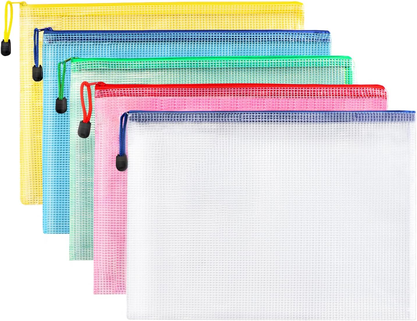 ZTOWOTO 5 PCS Mesh Zipper Pouch Bags,A4 Zipper Pouch Zipper Bags,Waterproof Mesh Zipper Bags,Zipper Mesh Pouch Ideal for School Office Home Work Office Supplies Travel Organization (5 Color) image number 5