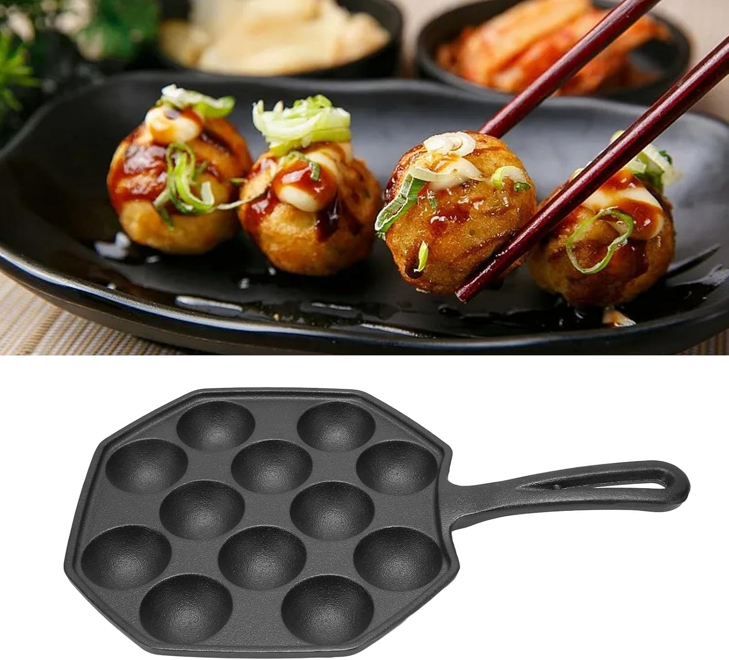 Omabeta 1PCS Cast Iron Takoyaki Pan with 12 Grid Skillet, 18Cm/7.09In Dia. Nonstick Takoyaki Maker with Long Handle for Cooking Omelets Bacon Burgers Pancakes Breakfast,Octopus Meatballs Frying Pan