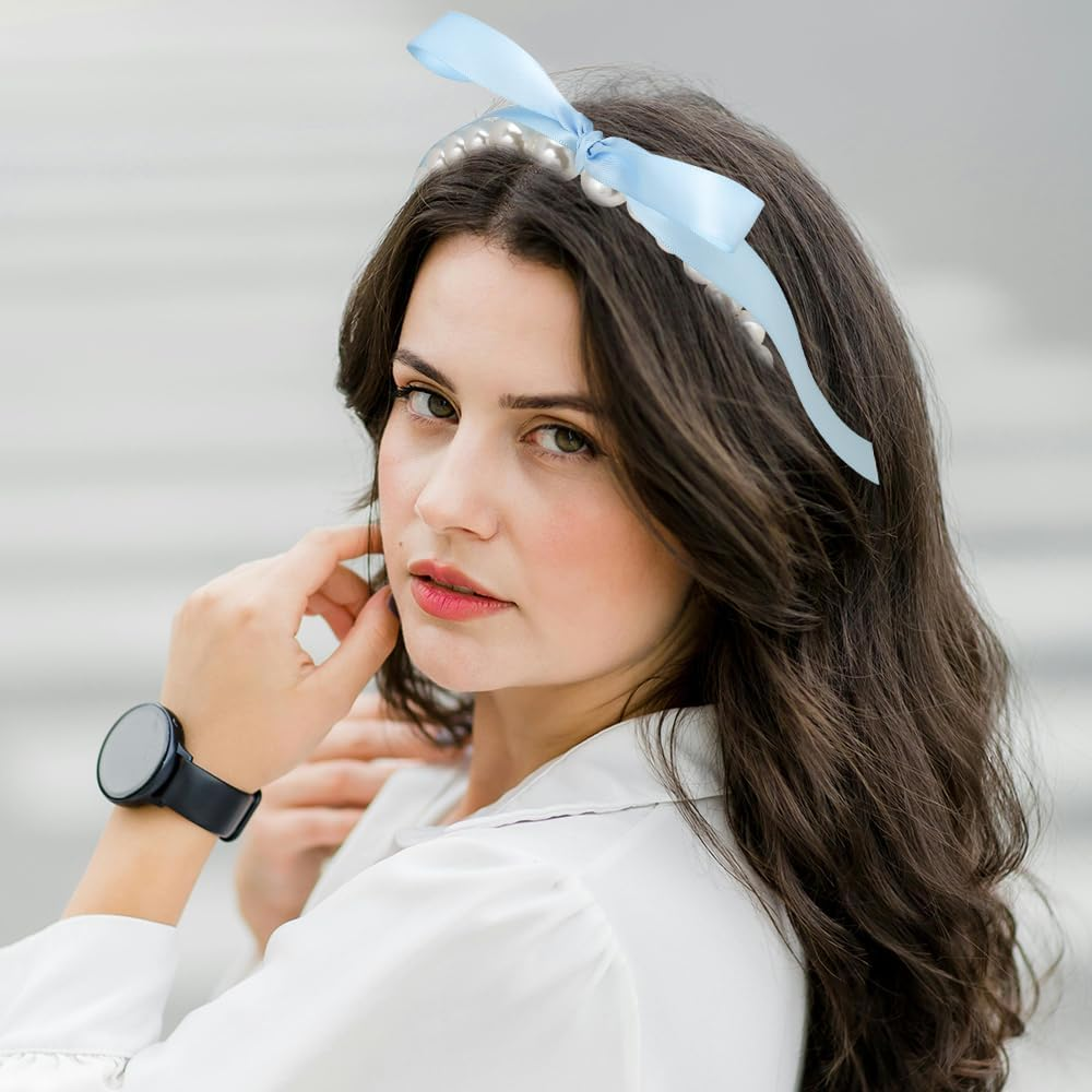 Pearl Bowknot Headband for Women Girls Blue Bow Knotted Hair Band for Women Girls Bridal Hair Decorations with Bows Female Pearl Headpiece - Blue image number 2
