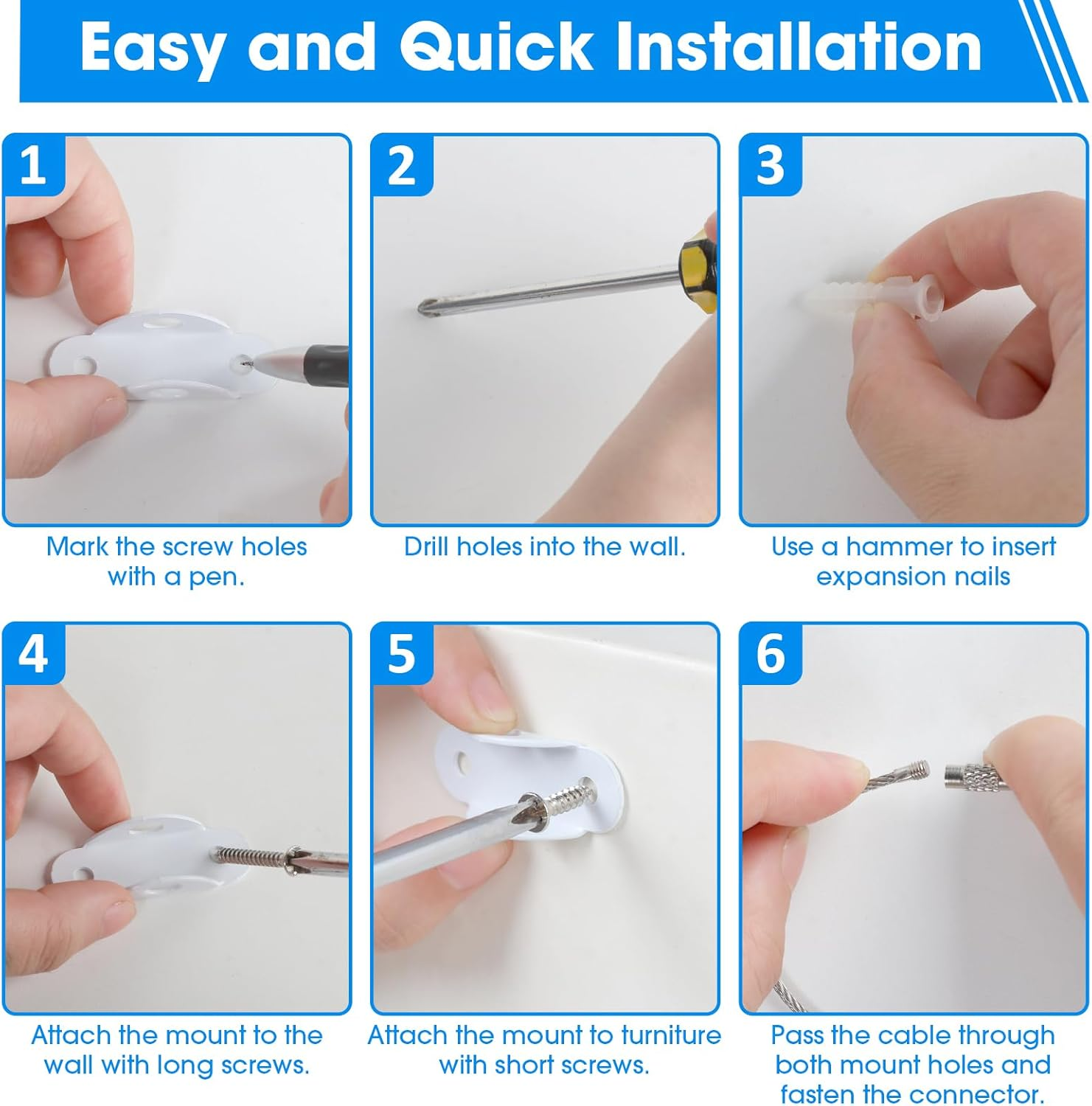 Guirnd 6 Pack Furniture Anchors, anti Tip Furniture Anchors for Baby Proofing, Metal Earthquake Straps Furniture Straps Wall Anchor for Dresser and Bookcase (White) image number 4