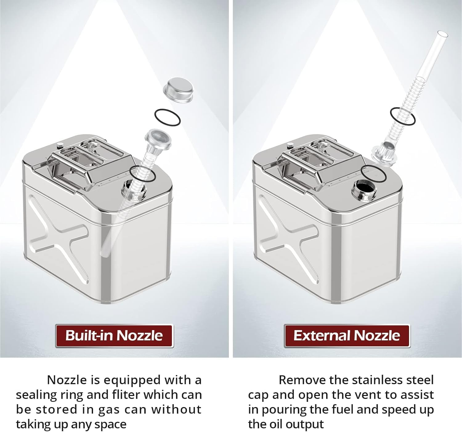 Ariv Hommey 20L Jerry Can Horizontal,304 Stainless Steel Petrol Fuel Tank W/Built-In Spout,Portable Heavy Duty Diesel Containers Storage Car Motorcycle image number 5