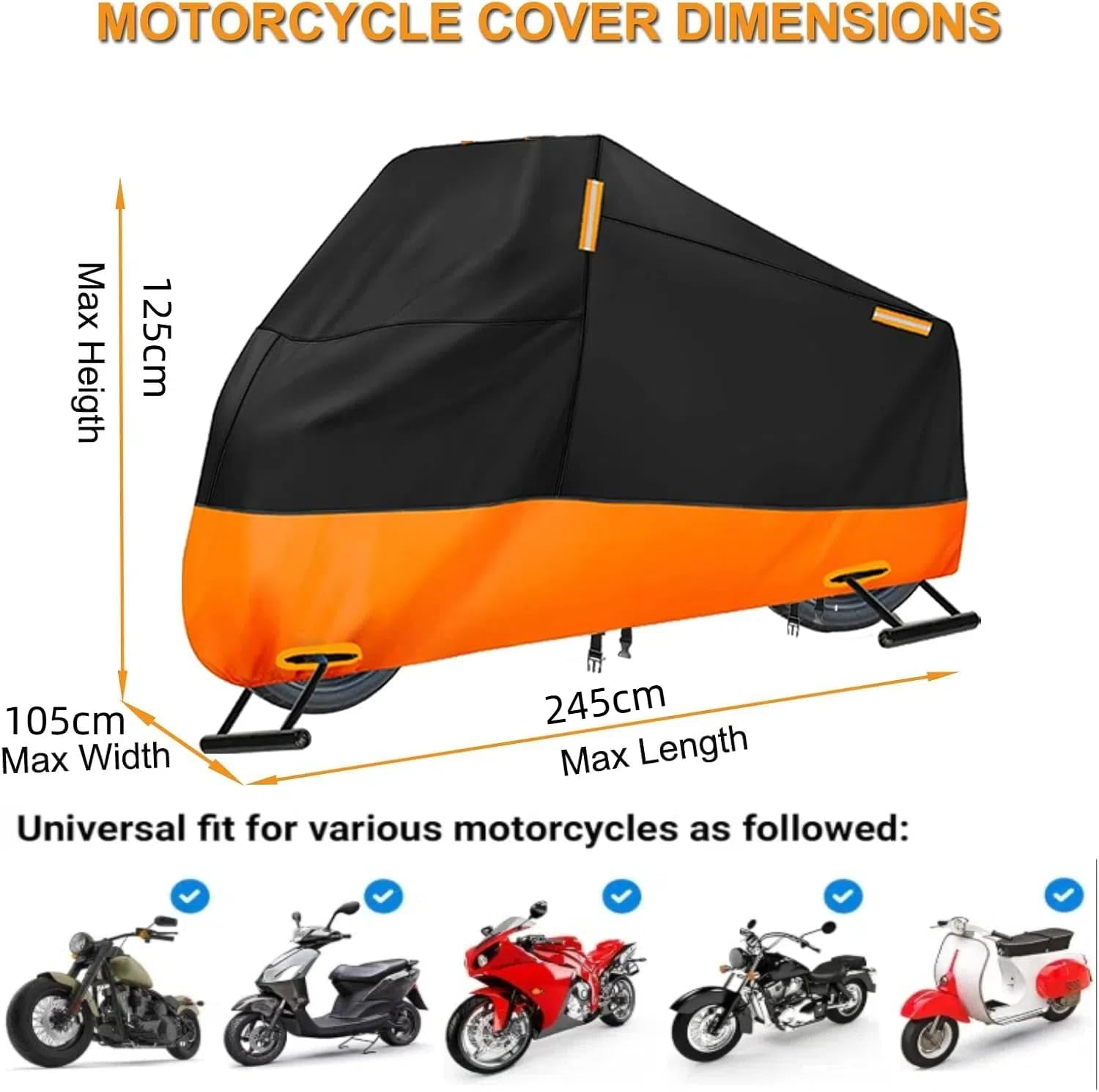 Motorcycle Cover All Season,Quality Waterproof Sun Outdoor Protection Scooter Shelter Tear Proof Night Reflective & Lock-Holes Storage Bag Fit up to 105" Motorcycles Yamaha,Honda,Suzuki,Harley image number 5