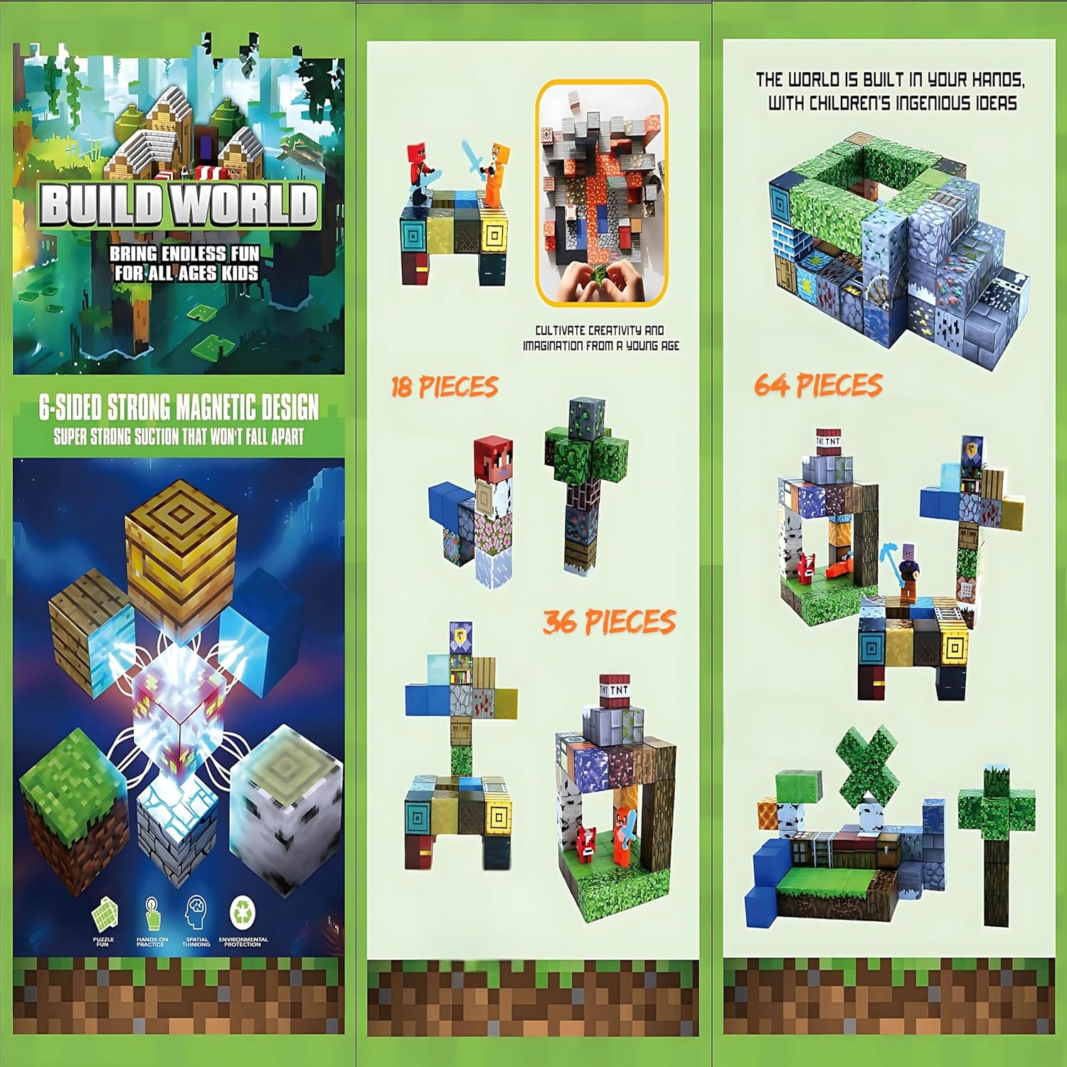 Magnetic Blocks, 128Pcs Building Blocks with 4 Figures, Premium Magnetic Tiles, Build Mine Magnet Cubes, Stem Construction Sensory Toys, Montessori Toys for Toddlers Gifts for Boys & Girls Ages 3+ image number 2