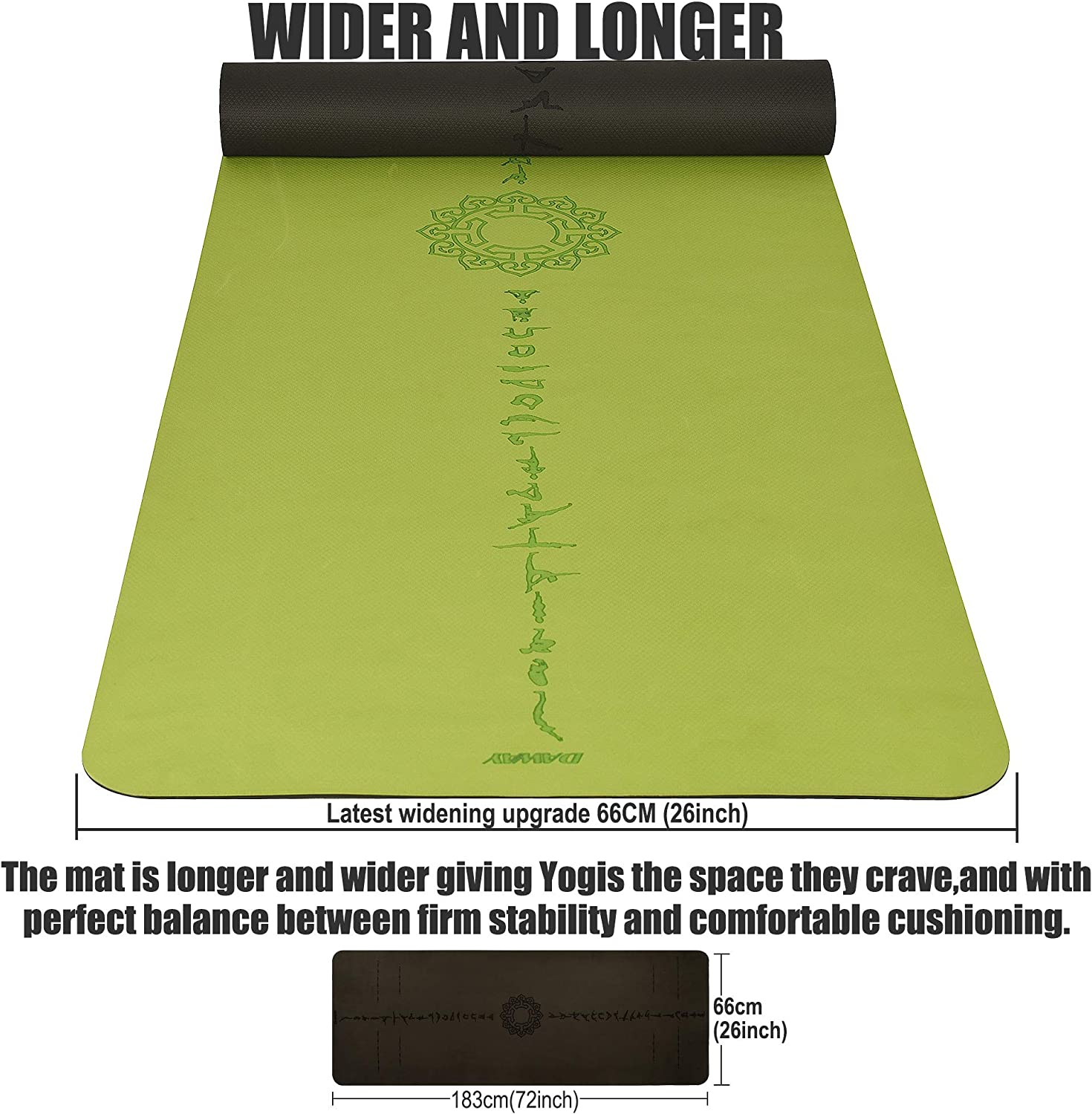 DAWAY Eco Friendly TPE Yoga Mat Y8 Wide Thick Workout Exercise Mat, Non Slip Grip Pilates Mats, Body Alignment System, Tear Resistant, with Carrying Strap, 72"X 26" Thickness 6Mm