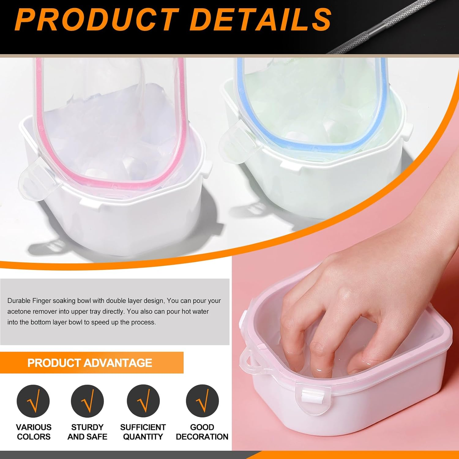 Rustark 7Pcs Gel Nail Remover Tools Kit Includes Pink Nail Soaking Bowl, Cuticle Pusher, Scraper, Nail Files, Buffer Block, Nail Dust Brush, Soak off Gel Nail Bowl Polish Dip Powder Remover Kit - Blue - Nail Bowl Kit image number 7