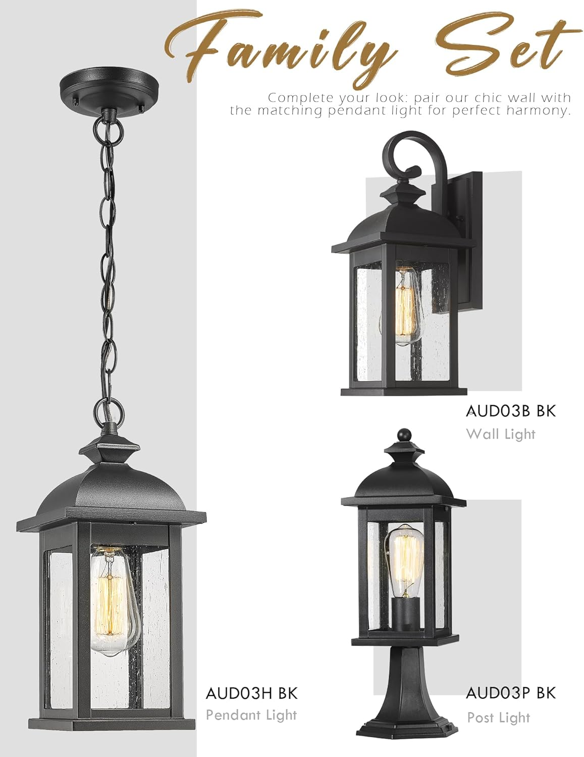 EMLIVIAR 1-Light Outdoor Post Light, Waterproof Pole Lantern Light Fixture, Exterior Lamp Posts Outdoor Lighting for Garden Patio Yard Pathway Driveway, Seeded Glass Panel, AUD03P BK image number 2