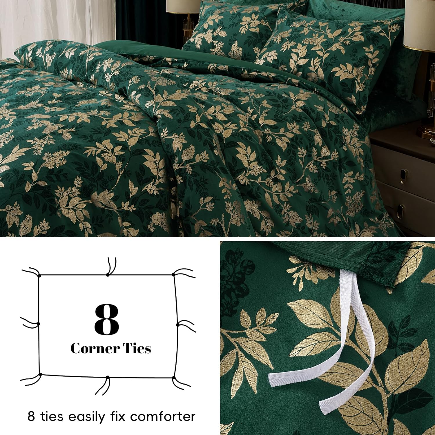 PHF Truly Velvet Duvet Cover Set King Size, 3Pcs Leaves Print Ultra Soft Breathable Comforter Cover Set, Luxury Cozy Flannel Duvet Cover with Pillow Shams Bedding Collection, 104" X 90",Green and Gold