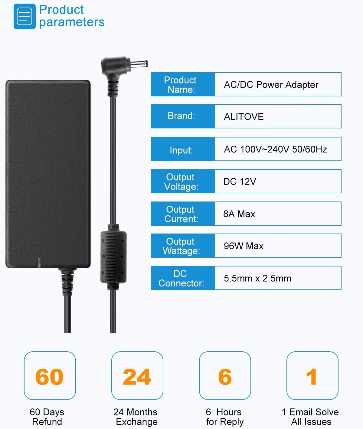 ALITOVE 12V 8A 96W Power Supply Adapter AC to DC Converter AC 220V ~ 240V to DC 12V 8Amp Transformer LED Driver with 5.5X2.5Mm DC Jack for 5050 3528 LED Strip Module Light, CCTV（AU Plug） image number 2
