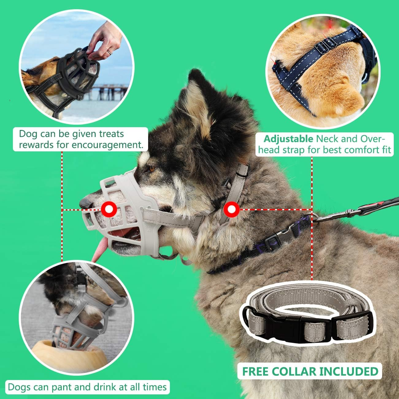 Dog Muzzle, Soft Silicone Basket Muzzle for Dogs, Allows Panting and Drinking, Prevents Unwanted Barking Biting and Chewing, Included Collar and Training Guide (1 (Snout 7-8"), Grey) image number 6
