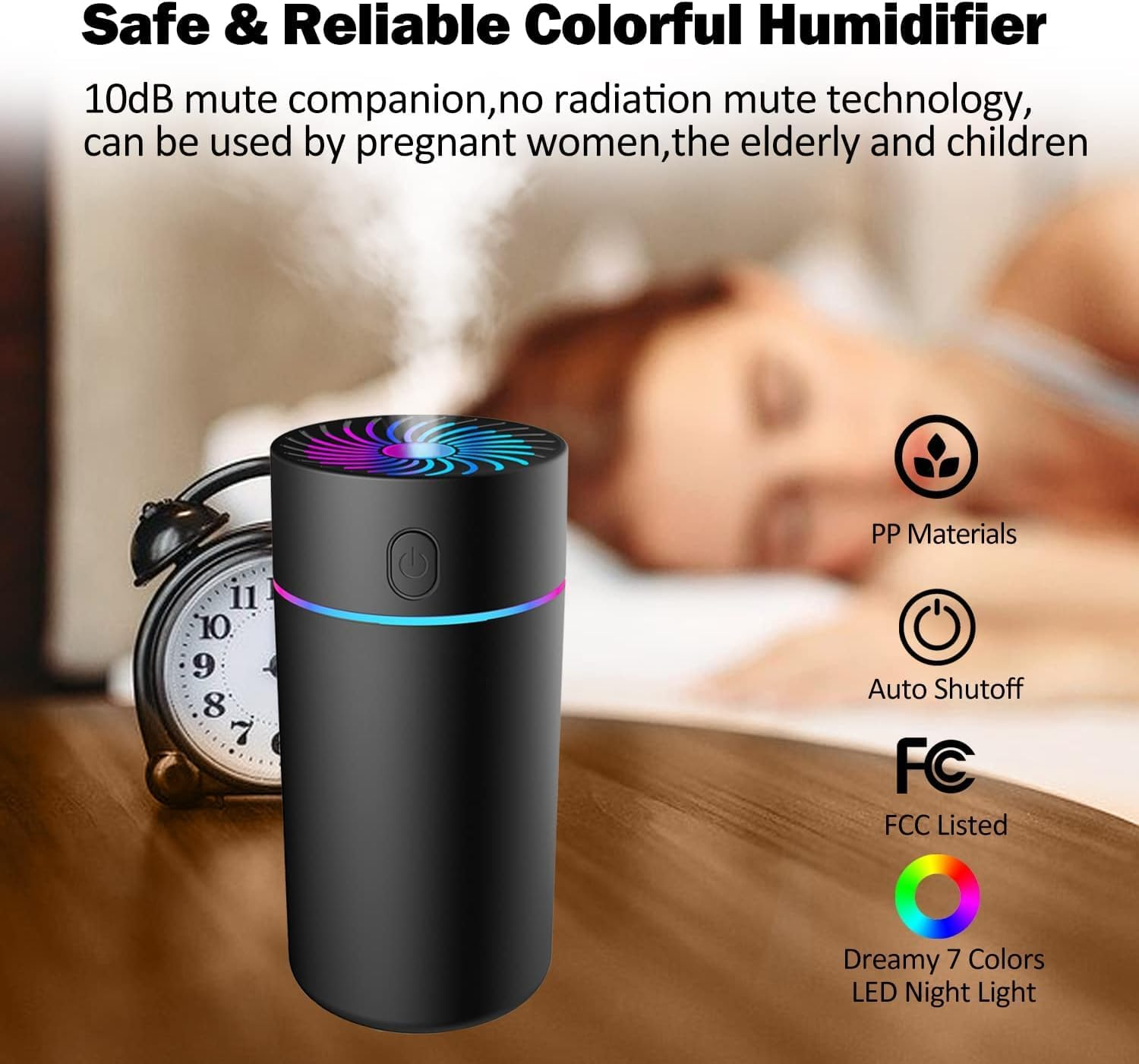 Humidifiers for Bedroom Portable Mini Humidifier with 7-Color Lights, Auto Shut-Off Small Desk Humidifier [2 Mist Modes] Super Quiet USB Personal Humidifier for Bedroom, Car, Office, Travel, Plants image number 2