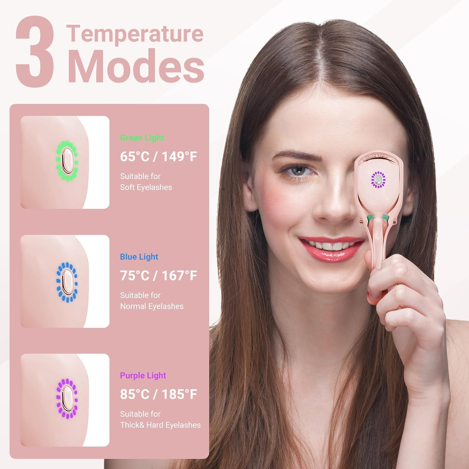 TOP G Heated Eyelash Curlers Type-C USB Rechargeable with Comb Electric Heated Lash Curler 8S Fast Heating 24Hr Long Lasting Lash Lift 3 Modes and Sensing Heating Silicone(Pink) image number 3