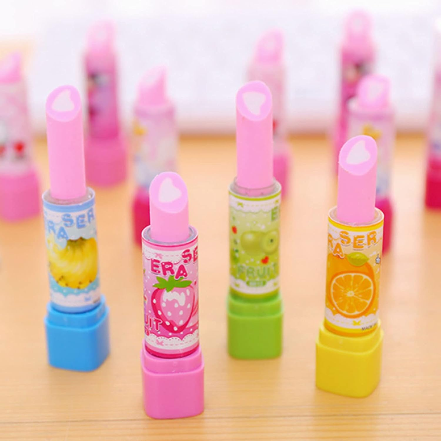 12 Pcs Cute Fruit Lipstick Style Pencil Erasers Novelty Lipstick Style Rubbers Retractable Erasers for Party Favors School Student Prizes Gift Filling image number 5