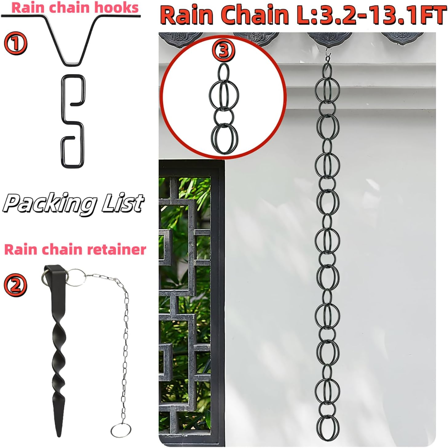 Dftdfyxyrain Chain Outdoor Rain Chains Aluminum Rain Chain Mill Finish Aluminum Gutter Adapter Downspout Catcher Water Feature or Downpipe for Eaves Drainage,Outdoor Decor,Black,2.6M(8.5Ft)