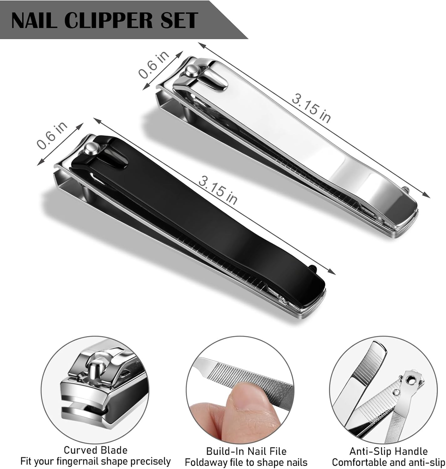 Ucheom Large Nail Clippers 2-Pack, Sharp Stainless Steel Fingernail & Toenail Trimmers with Nail File, Manicure Kit Fingernail Tools for Men & Women, Black and Silver Color image number 4