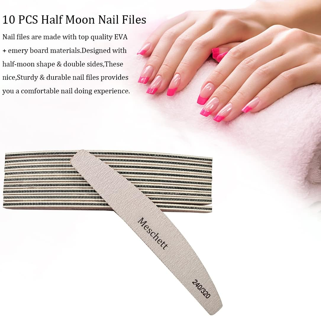10 PCS Half Moon Nail Files,240/320 Professional Grit Nail File Reusable Double Sided Emery Boards Nail File Manicure Tools for Acrylic,Natural,Gel Nails - Black-240/320 Grit image number 2
