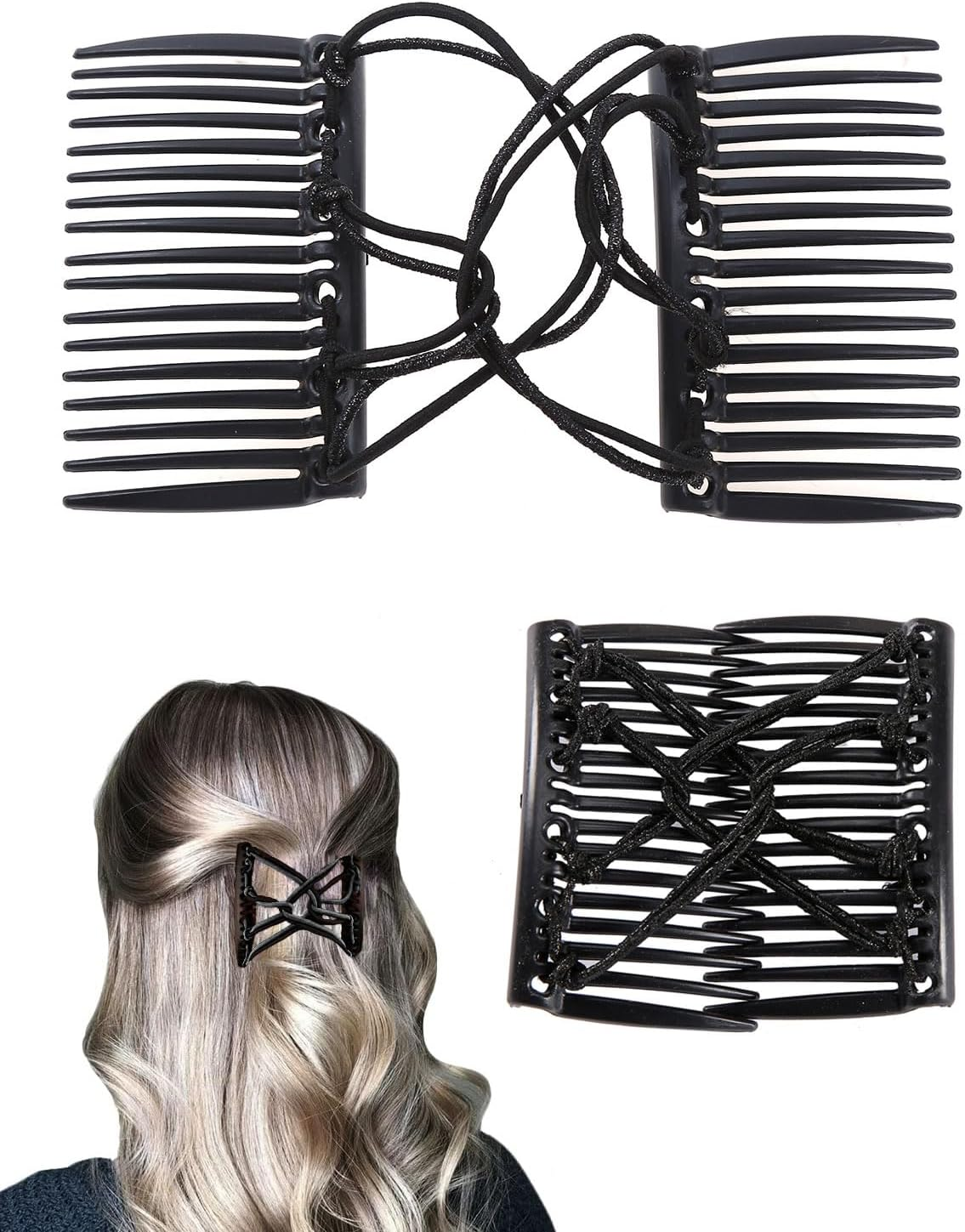 AORHOFJ 2 Pieces Elastic Hair Comb for Women, Elastic Hair Clip Comb with Double Comb Hair Clip Accessories for Women Hair Styling Tools for Thick, Curly, Fine Hair (Black) image number 2