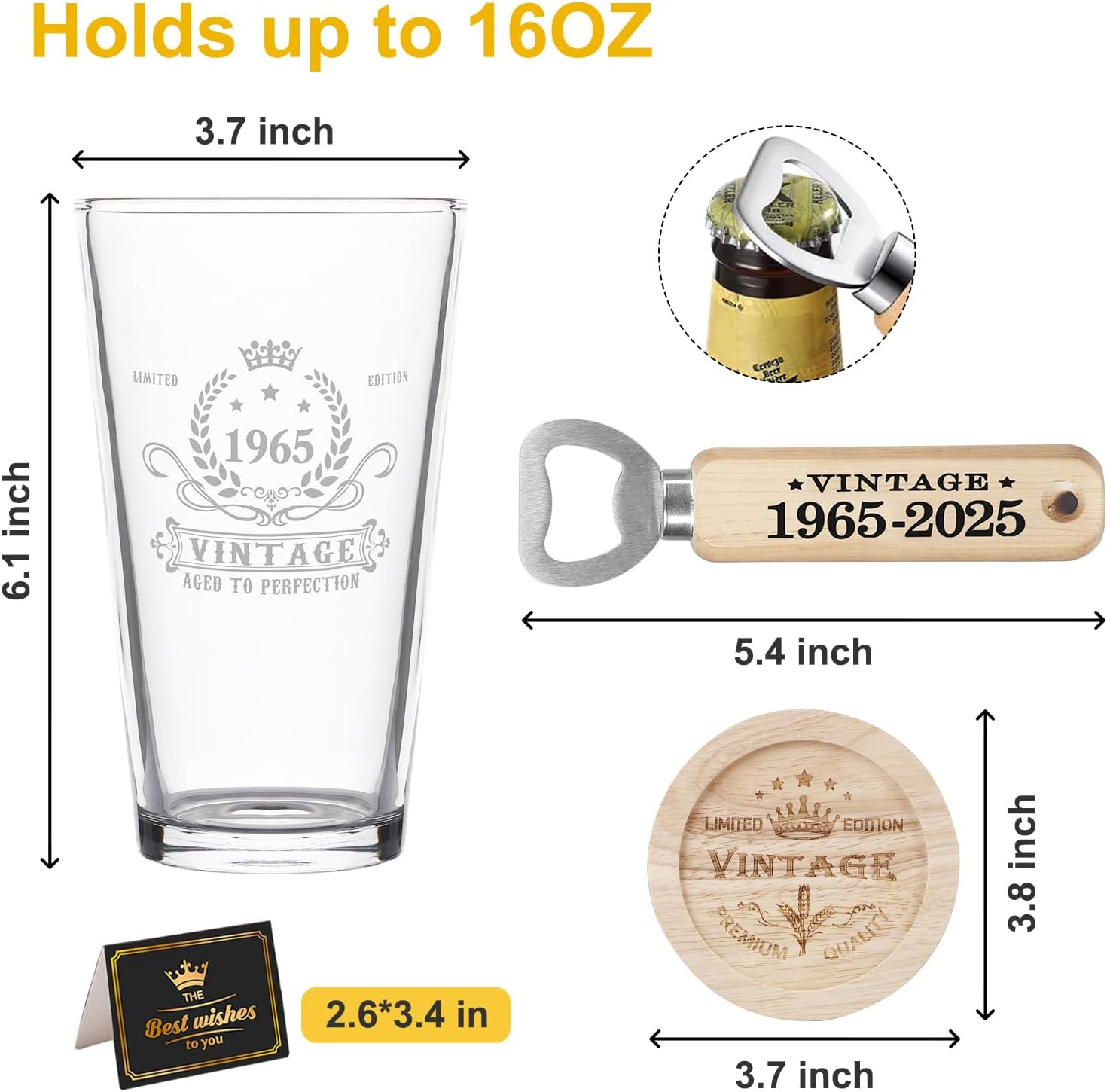 60Th Birthday Gifts for Men, Vintage 1965 Beer Glass, Wooden Bottle Opener, Vintage Beer Gift Box, Wooden Coaster and Greeting Card, 60Th Birthday Gift Ideas for Men image number 4